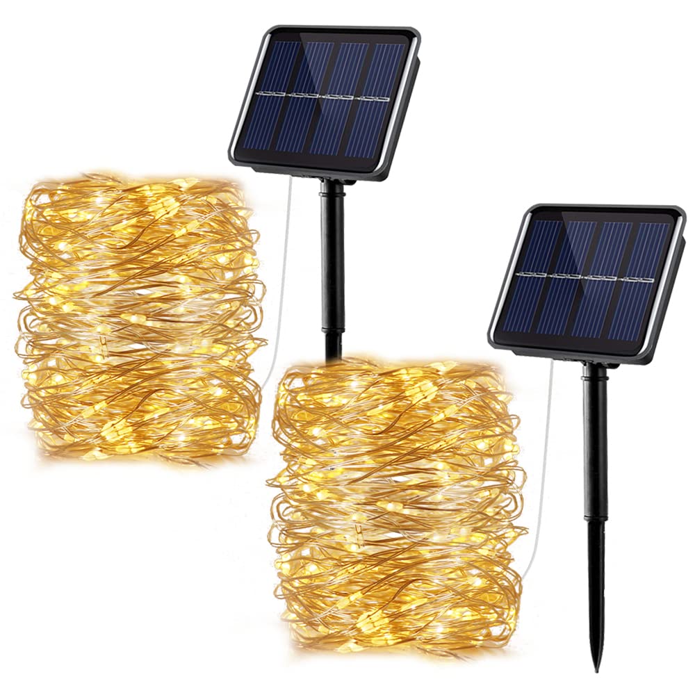 YEOLEH 2 Pack 33FT 100 LED Solar String Lights Outdoor Waterproof - 8 Lighting Modes Solar Powered Fairy Lights for Porch, Balcony, Patio, Camping, Wedding Decoration (Warm White) | Perfect for Backyard Parties, Garden Decor & Romantic Ambiance