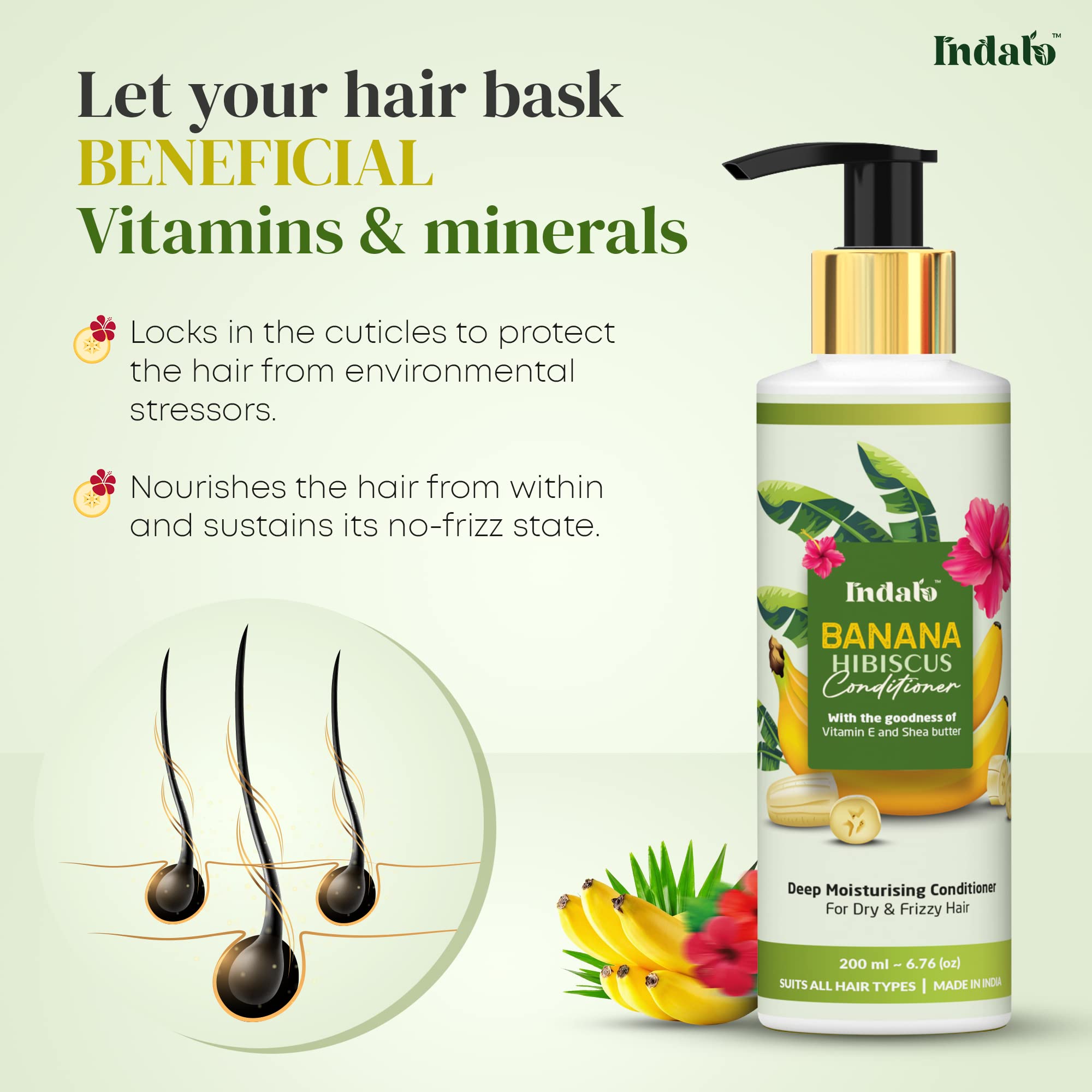 Indalo Banana Hibiscus Moisturizing Shampoo & Conditioner Set (200ml x 2) with Vitamin E & Shea Butter - Sulfate & Paraben Free Hair Care for Dry, Frizzy Hair - UV Protection for Men & Women - Perfect for Daily Hydration & Sun-Damaged Hair Repair