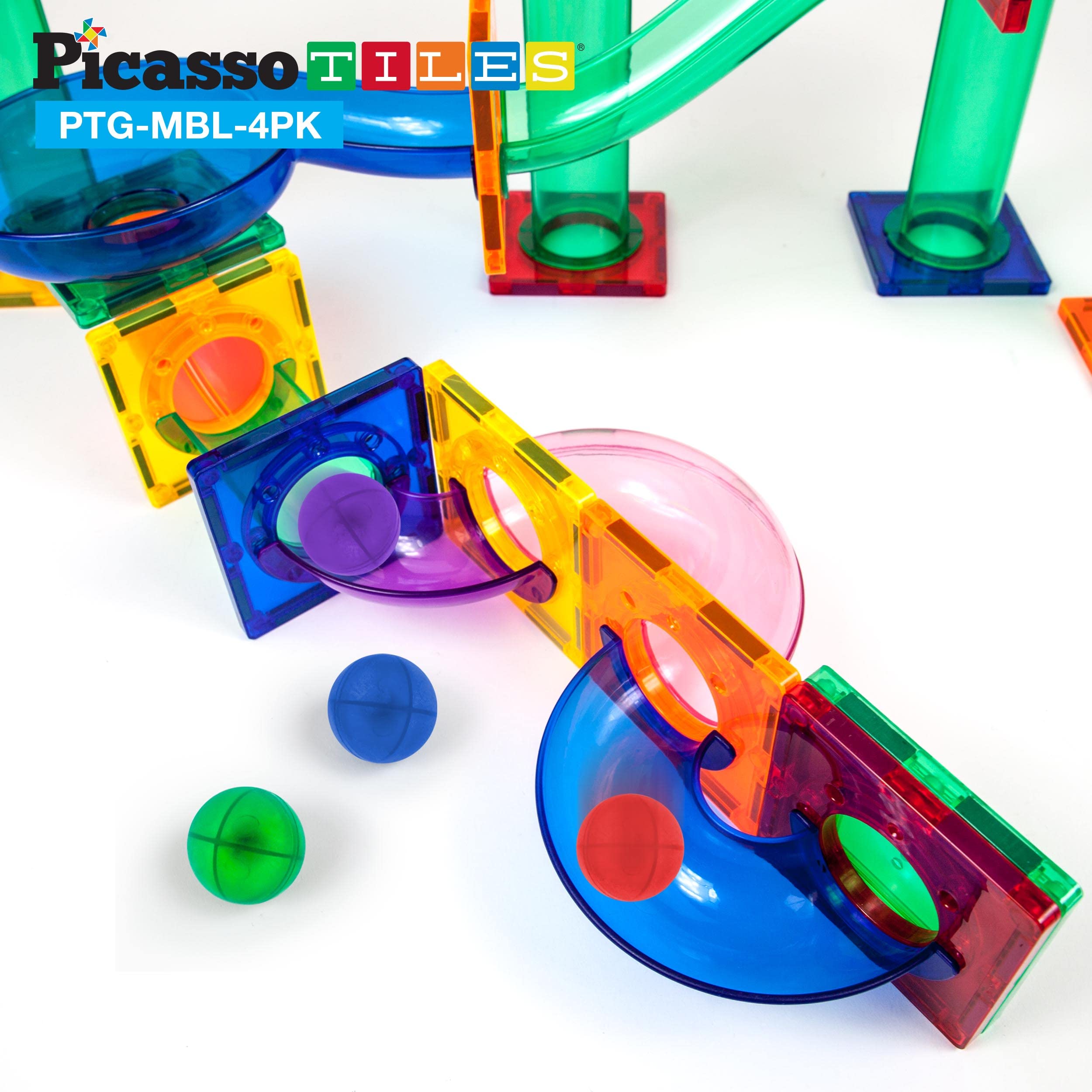 PicassoTiles 4-Piece Marble Run Set for Magnetic Building Blocks - STEM Educational Construction Toy with Race Track & Maze for Boys & Girls Ages 3+ - Perfect for Creative Play, Early Learning & Family Game Nights