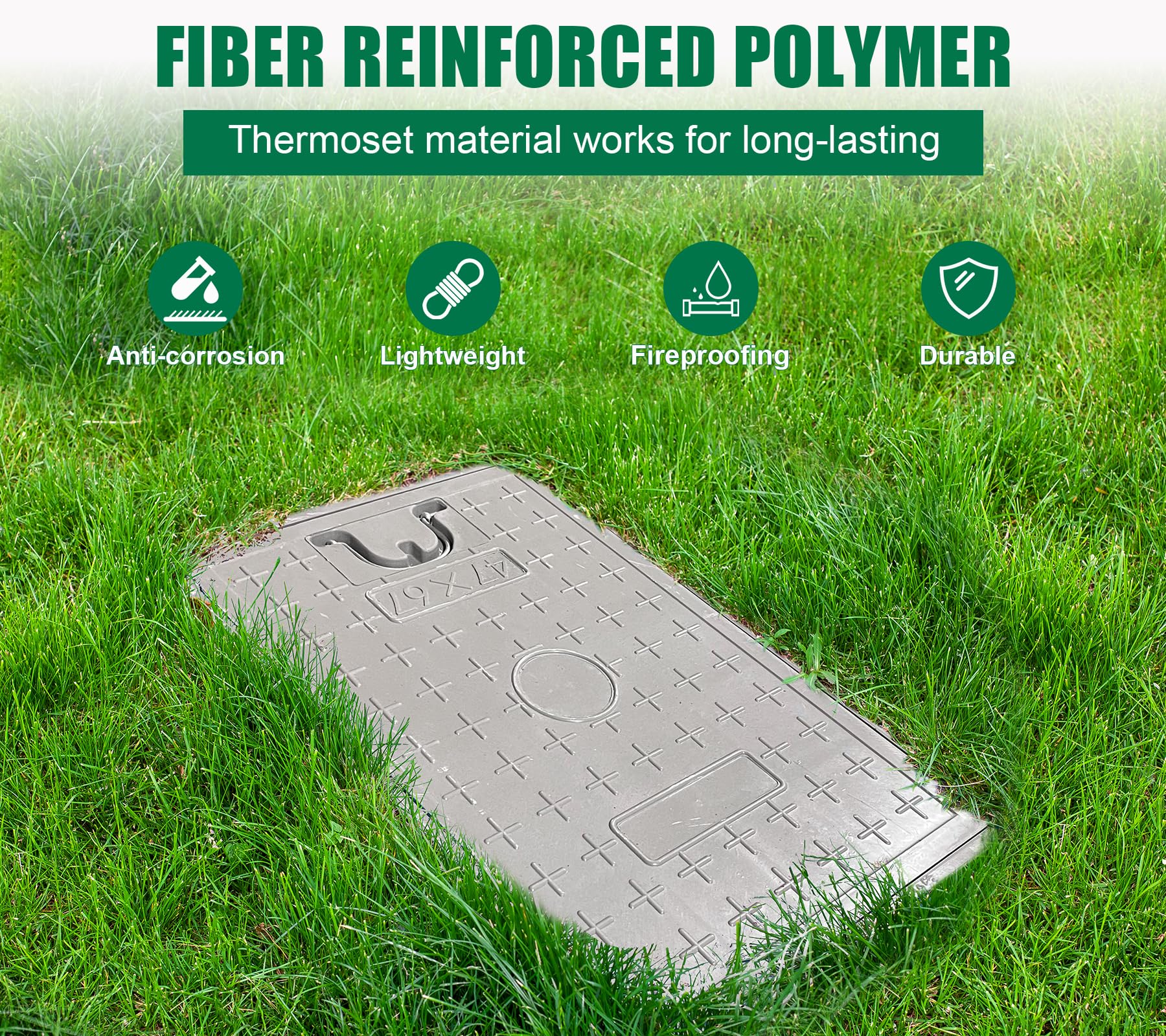 Fiberglass Septic Tank Cover and Frame 26x18 Inch - Heavy Duty Rectangle Manhole Cover with 22x14 Inch Clear Opening, 24x16 Inch Solid Top - Recessed Sewer Cover with Handle for Yard, Pavement, and Outdoor Drainage Systems - Perfect for Residential and Commercial Landscaping Projects