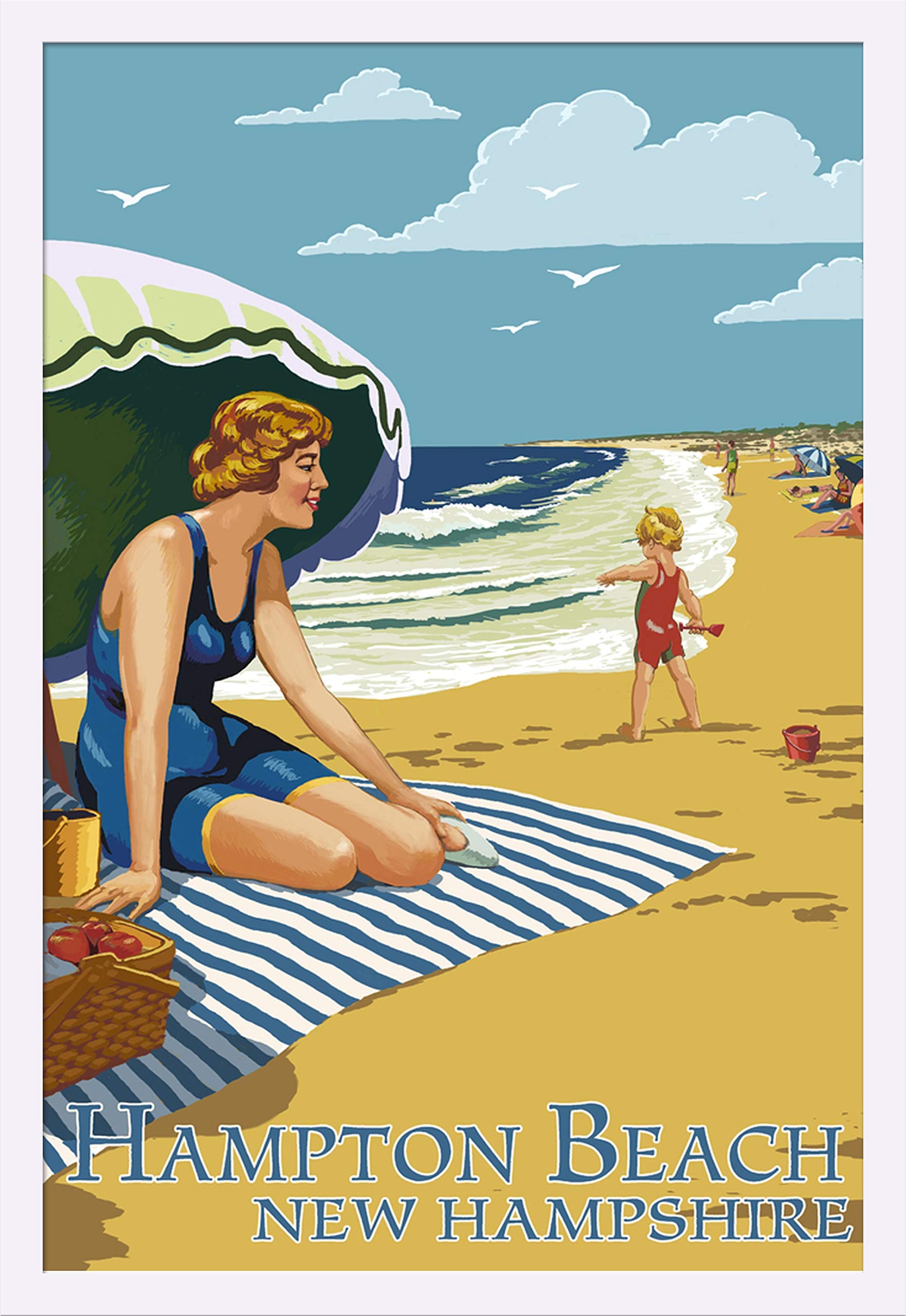Hampton Beach New Hampshire Art Print - 24x36 Giclee Gallery Framed in White Wood - Coastal Wall Decor for Living Room, Bedroom & Office