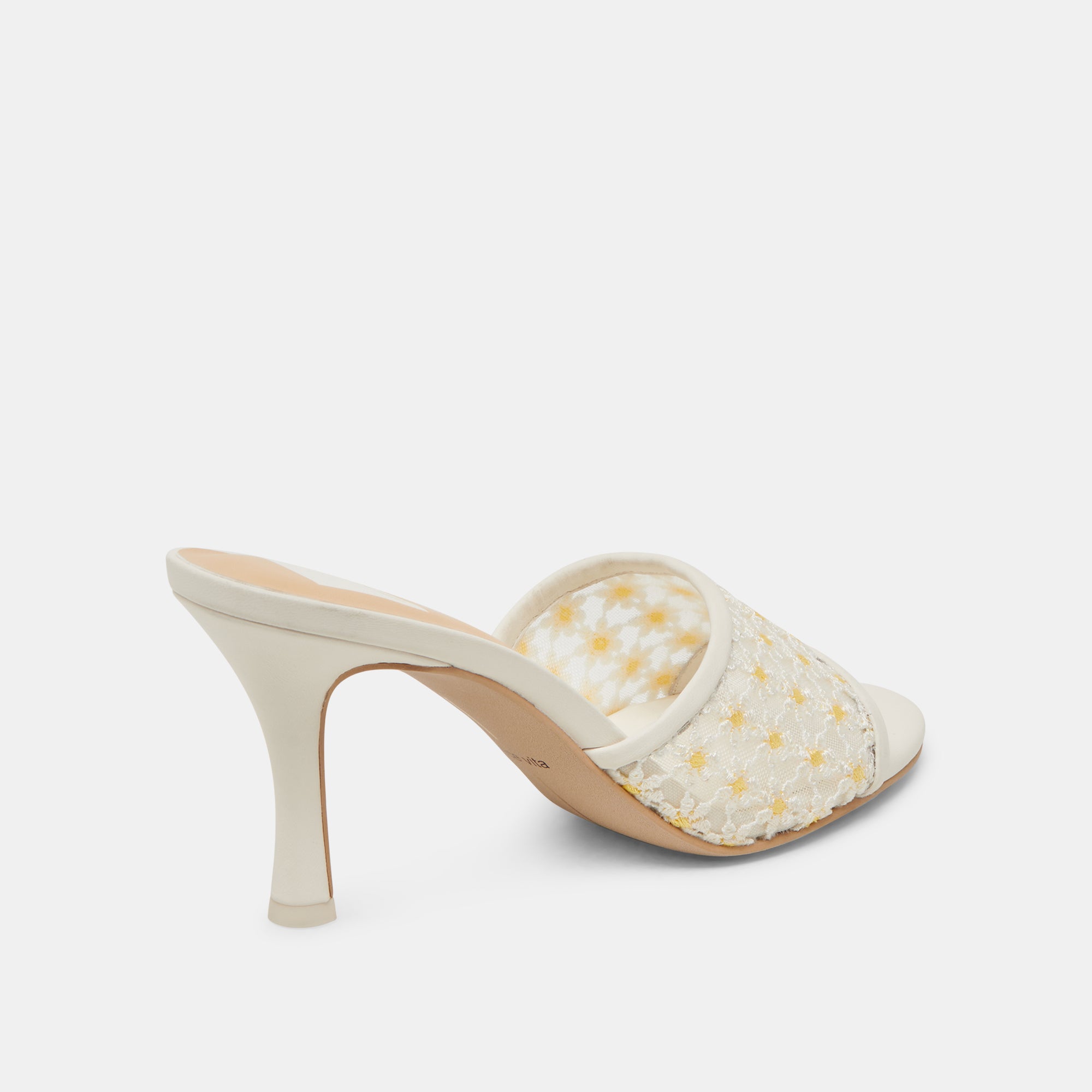 Lavena Women's Floral Heels - White & Yellow Mesh Summer Sandals for Weddings, Parties & Beach Outfits