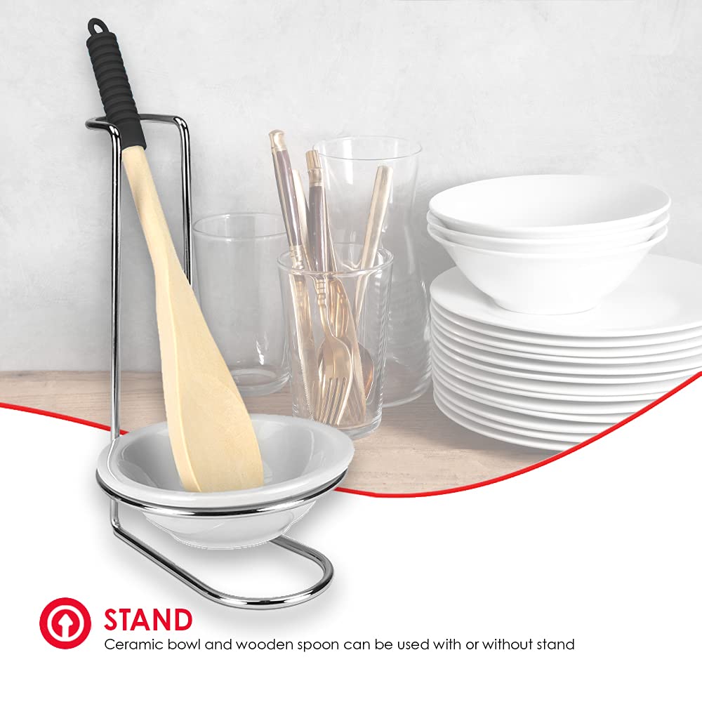 Home Basics Standing Spoon Rest with Ceramic Tray & Wooden Spoon Holder - Kitchen Countertop Organizer for Spatula, Ladle & Utensils - Chrome Finish (2-Pack, Ceramic) - Perfect for Stovetop, Cooking & Meal Prep