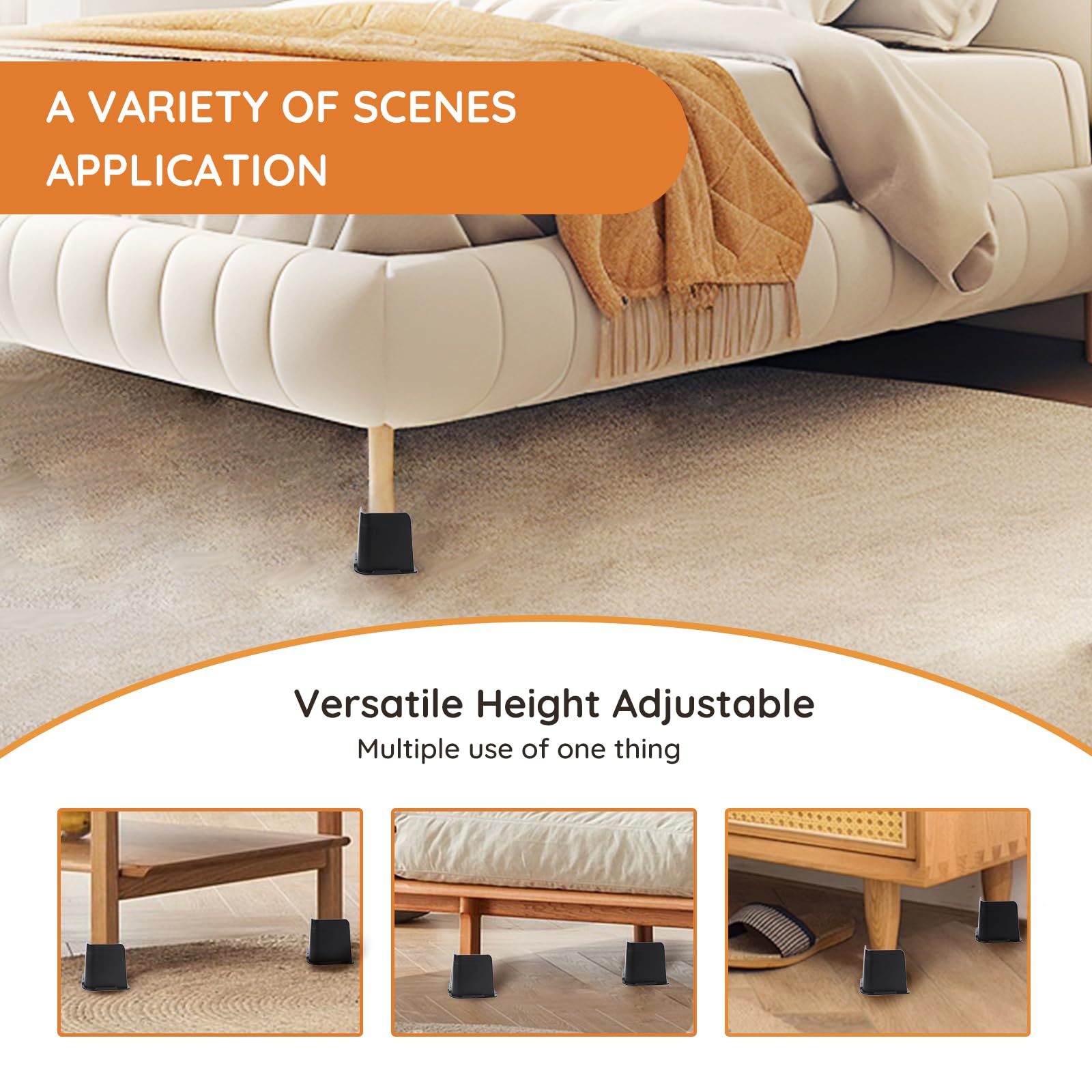 6 Inch Heavy Duty Bed Risers - 6000 Lbs Capacity Furniture Lifters for Beds, Couches, Desks & Sofas | Extra Tall Bed Frame Risers for Storage & Wheelchair Access (Black, 6-Pack) - Perfect for Dorm Rooms, Apartments & Home Organization