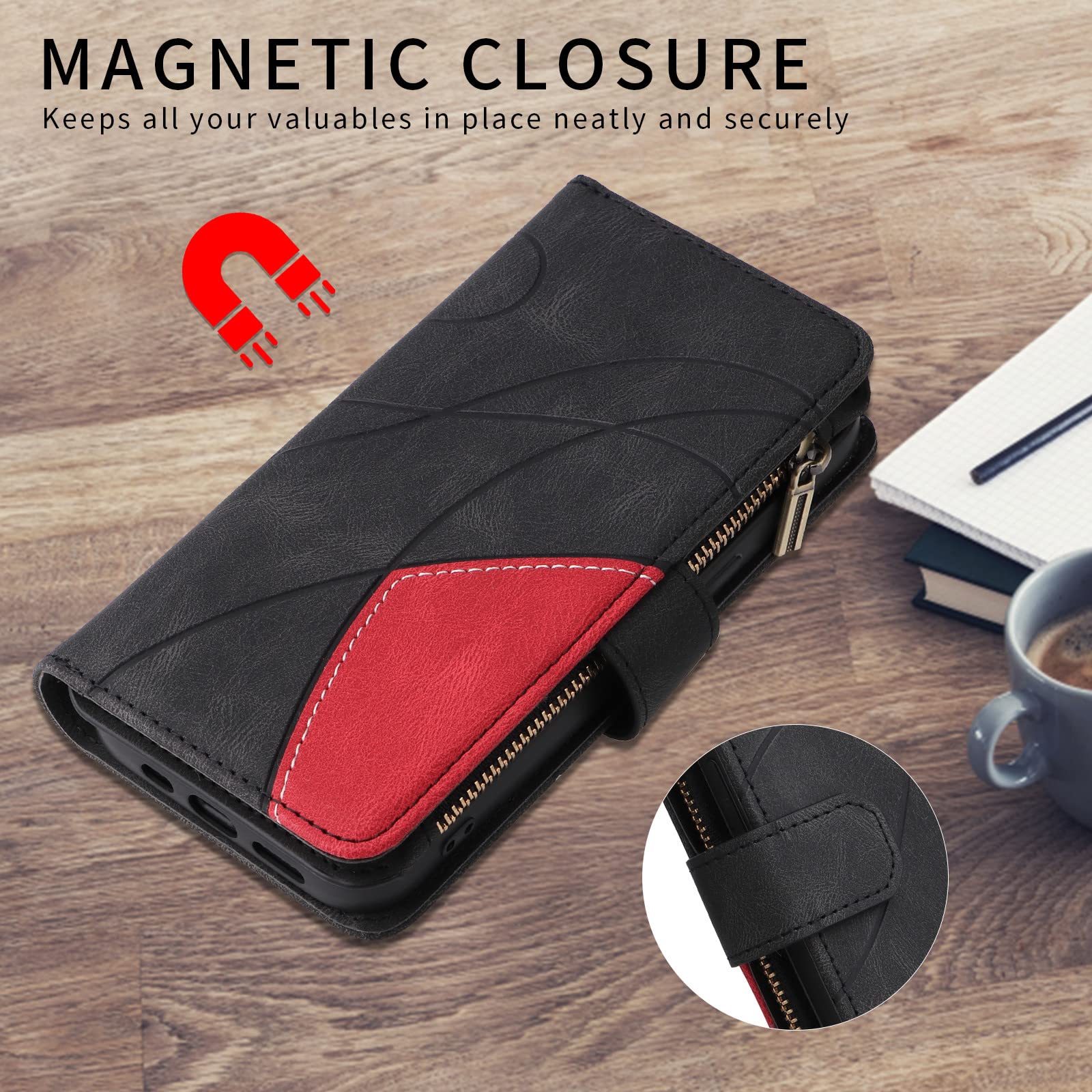 XYX Wallet Case for iPhone 13 Pro Max 6.7 Inch - PU Leather Flip Cover with Zipper Closure, 9 Card Slots & Wrist Strap - Stylish Protective Phone Case for Women & Men (Black) | Perfect for Travel, Shopping & Everyday Use