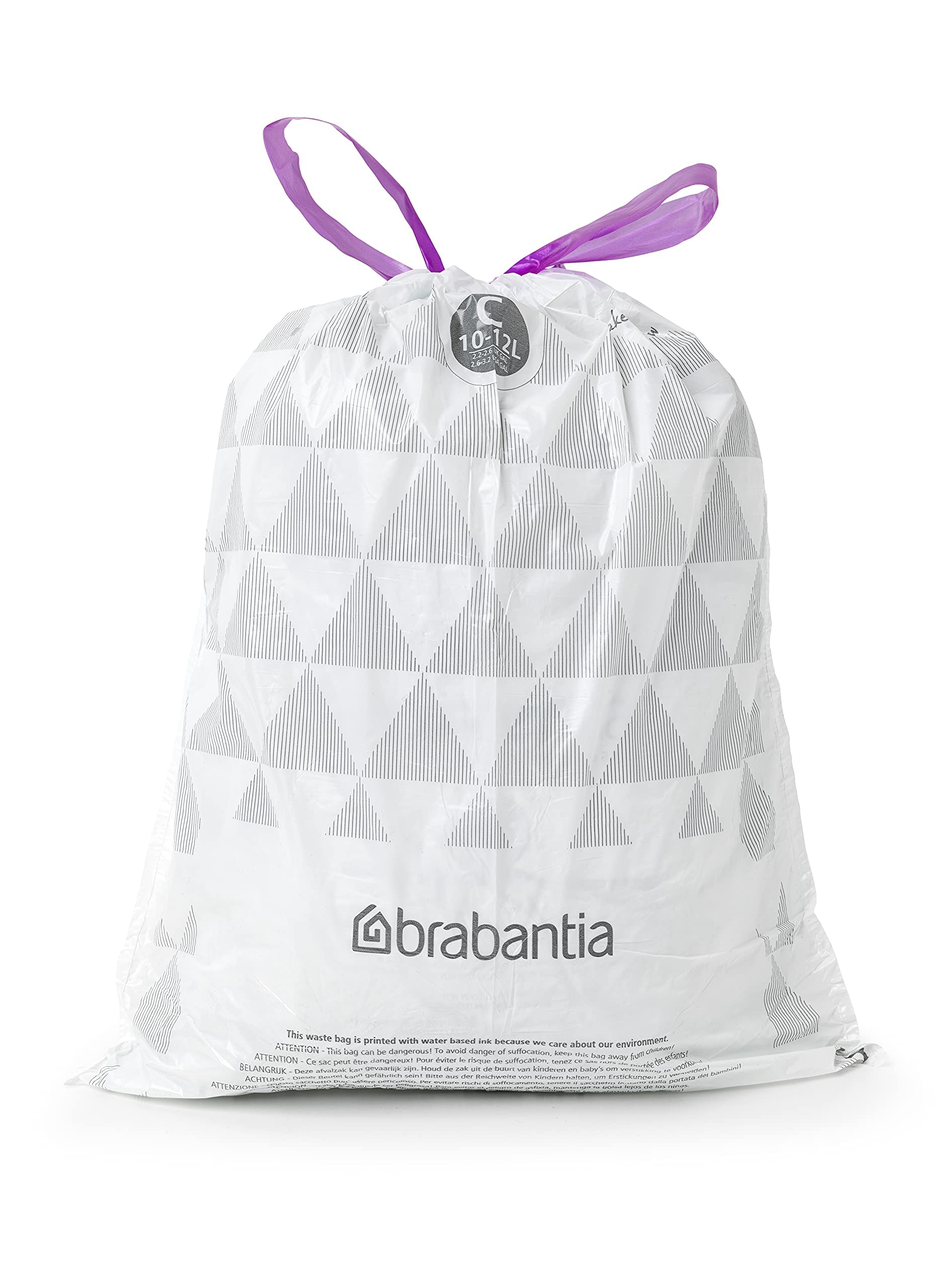 Brabantia PerfectFit Trash Bags Size C (2.6-3.2 Gallon) - Thick Plastic Trash Can Liners with Drawstring Handles - 40 Count - Ideal for Kitchen, Bathroom & Office Waste Bins