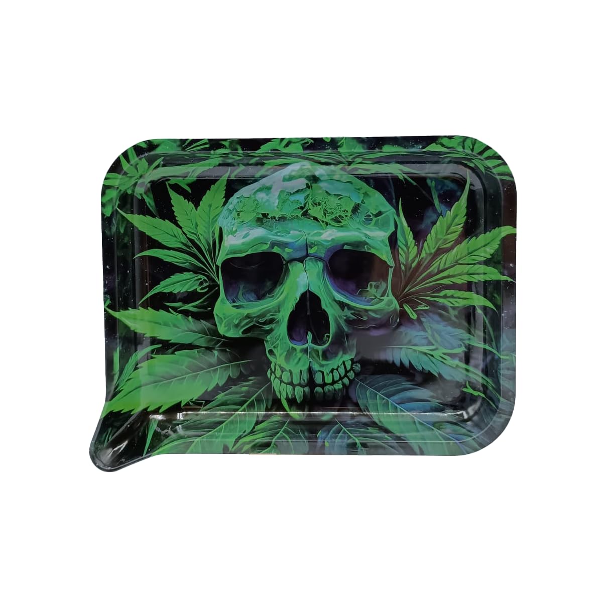 3D Magnetic Metal Rolling Tray with Funnel Lid - Small Size Unique Design (Green Skull) for Herbs, Spices & DIY Projects - Perfect for Smoking Accessories, Kitchen Organization & Crafting