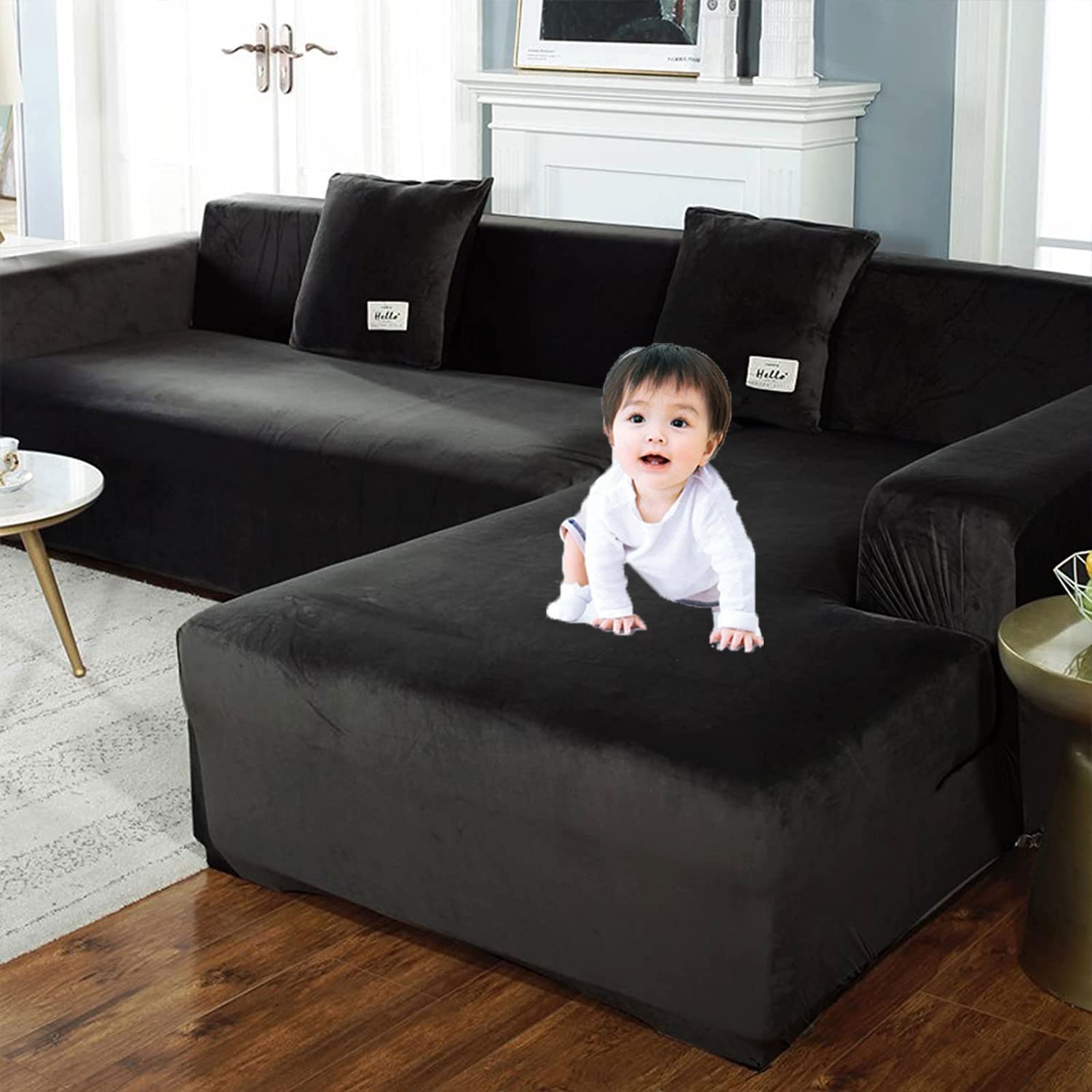 Stretchable L-Shaped Sectional Sofa Slipcover - 3+4 Seat Couch Cover for Pets & Kids, Furniture Protector in Black - Perfect for Living Room, Family Room & Pet-Friendly Homes