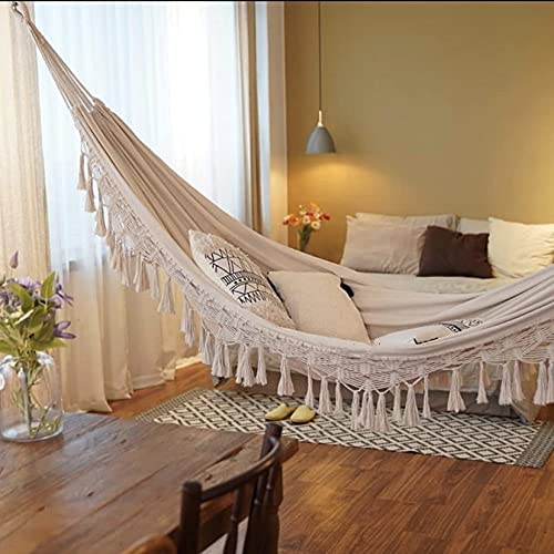 Premium Cotton Double Hammock for 2 Persons - 480lbs Capacity, Handmade with Macrame Fringe & Boho Tassels - Perfect for Outdoor Relaxation in Garden, Backyard, Beach, Patio or Balcony | Ideal for Camping, Picnics and Summer Lounging