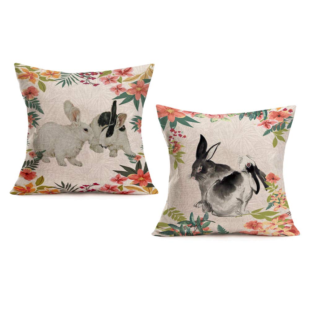 Xihomeli Retro Cute Rabbit Pillow Cover Set of 2 - 18x18 Inch Vintage Floral Throw Pillow Cases for Sofa, Bed, Couch - Easter Spring Decor with Cotton Linen Animal Print Cushion Covers (Retro Rabbit Design)