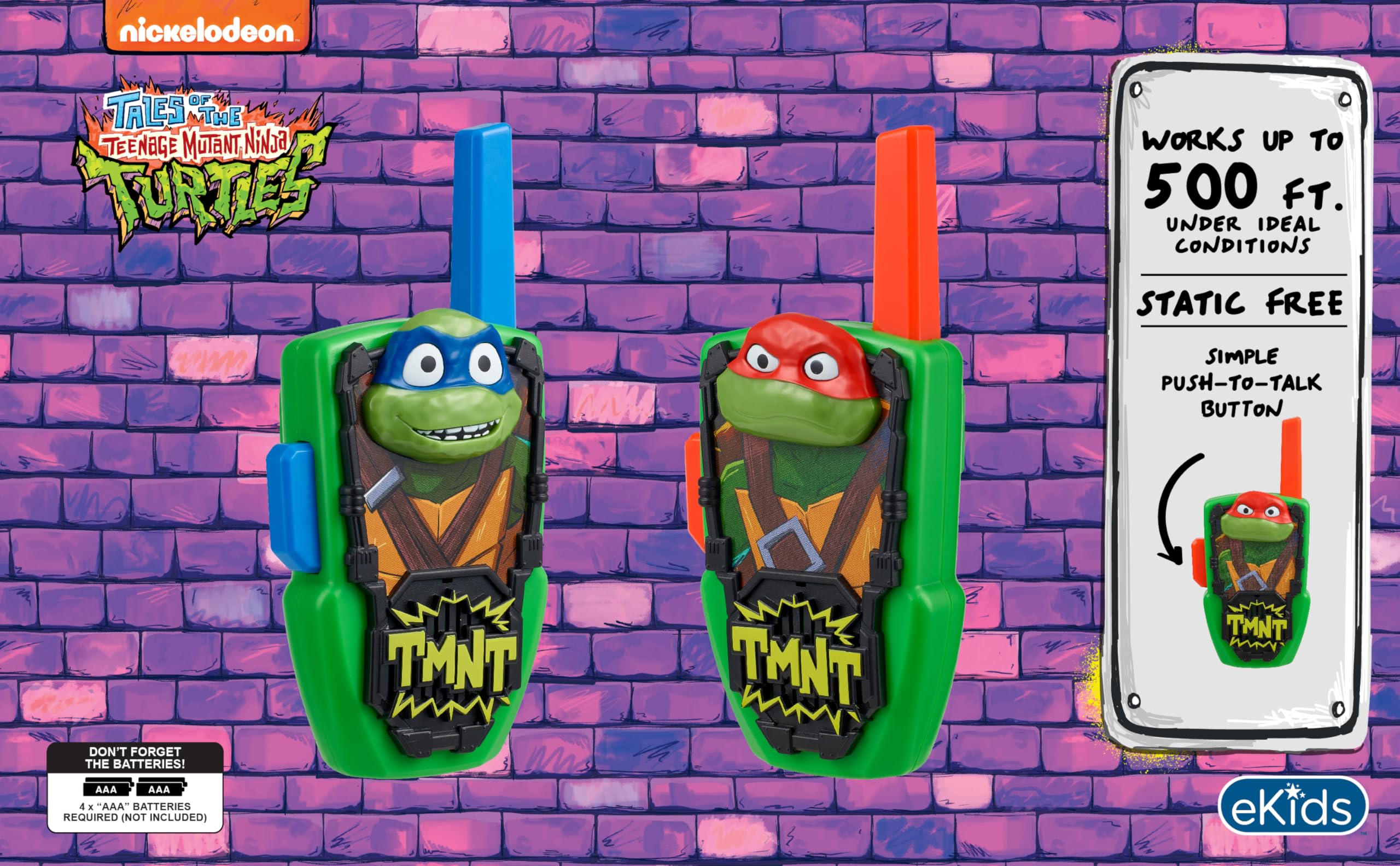 eKids Teenage Mutant Ninja Turtles Walkie Talkies for Kids - Static-Free 2-Way Radios for Indoor & Outdoor Play - Perfect Birthday Gift for TMNT Fans - Great for Backyard Adventures, Camping & Role Play Games