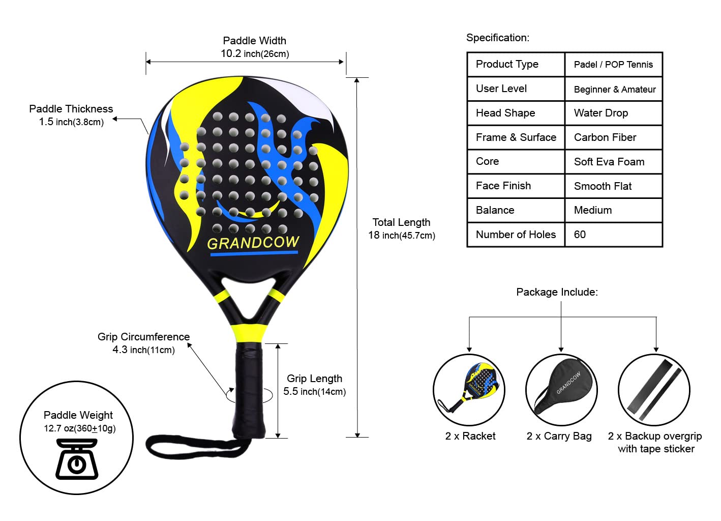 Premium Carbon Fiber Padel Racket - Lightweight Power Tennis Paddle for Paddleball | Perfect for Competitive Matches & Recreational Play