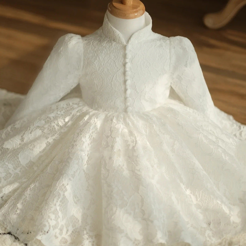 White Lace Princess Flower Girl Dress - Mock Neck Lantern Sleeve Wedding Party Gown for Toddler Girls - Perfect for Flower Girls, Pageants & Special Occasions