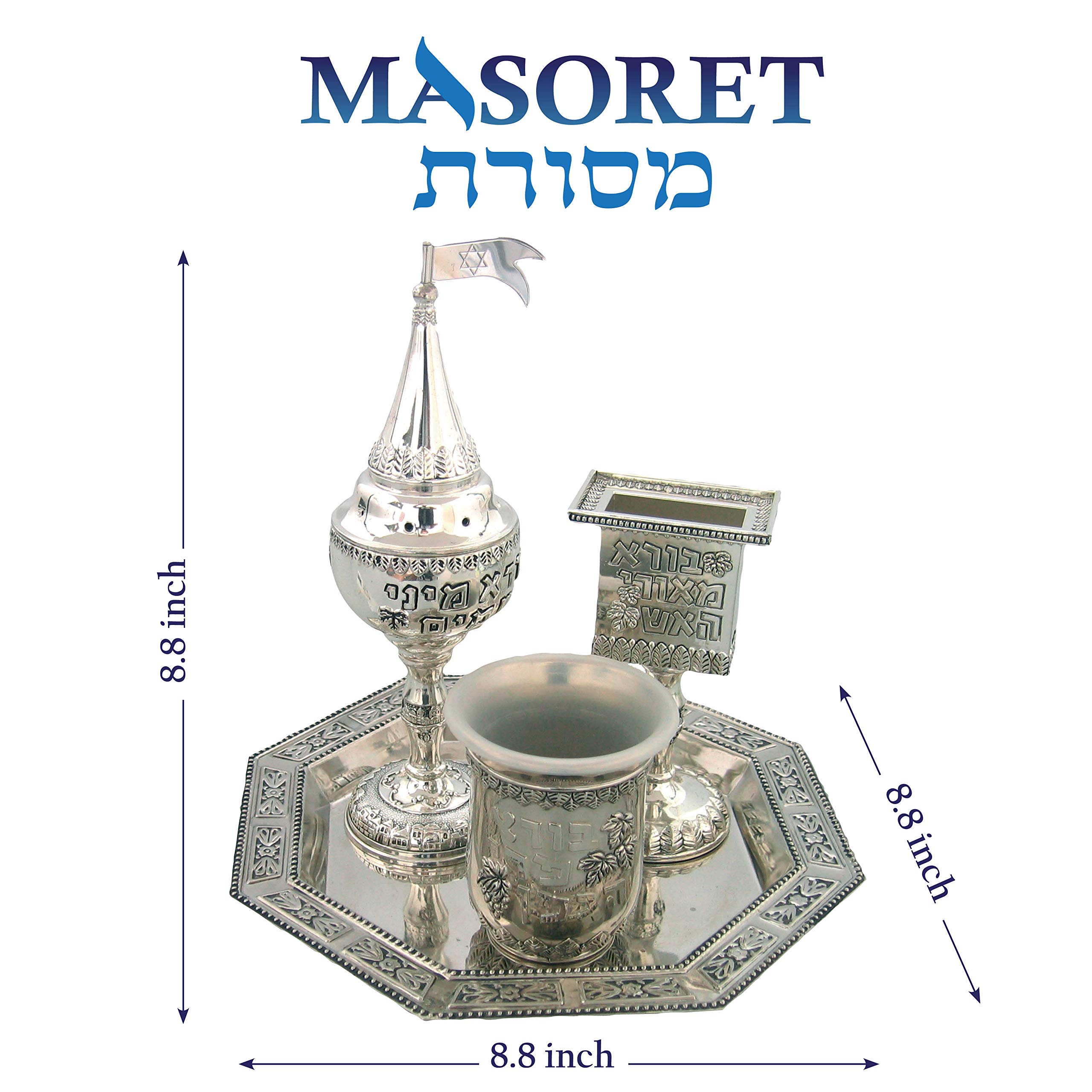Jerusalem Themed Nickel Havdalah Set - 4 Piece Jewish Ceremony Kit with Kiddush Cup, Candle Holder, Spice Box & Tray | Perfect for Shabbat, Havdalah & Jewish Holiday Celebrations