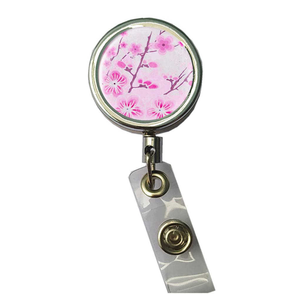 Pink Cherry Blossom ID Badge Holder with Retractable Reel & Clip for Office Security