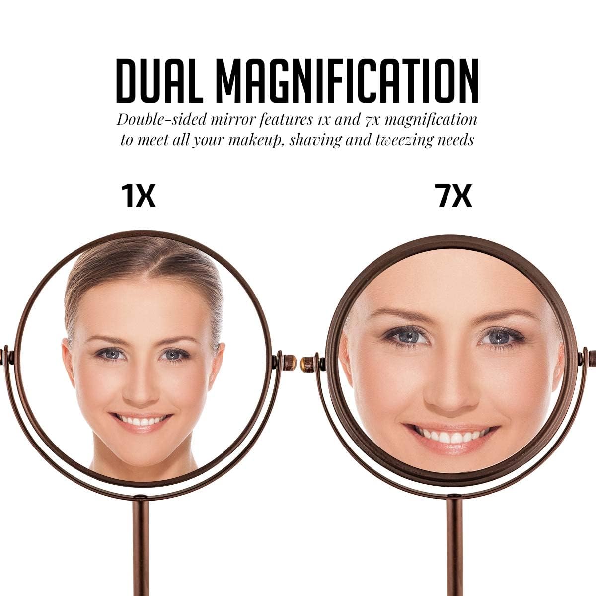 OVENTE 6-Inch Double-Sided Makeup Mirror with 1X & 7X Magnification, 360° Swivel Stand - Antique Bronze Vanity Mirror for Dresser, Bedroom & Office | Perfect for Makeup Application, Skincare Routine & Grooming