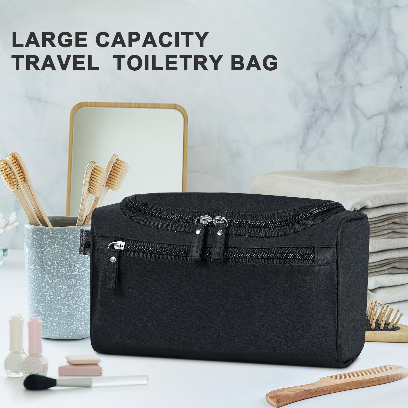 Large Hanging Toiletry Bag for Women & Men - Travel Makeup Organizer with Hook, Waterproof Cosmetic Storage for Brushes, Shaving Kit - Perfect for Camping, Gym, Business Trips & Vacation (Black)
