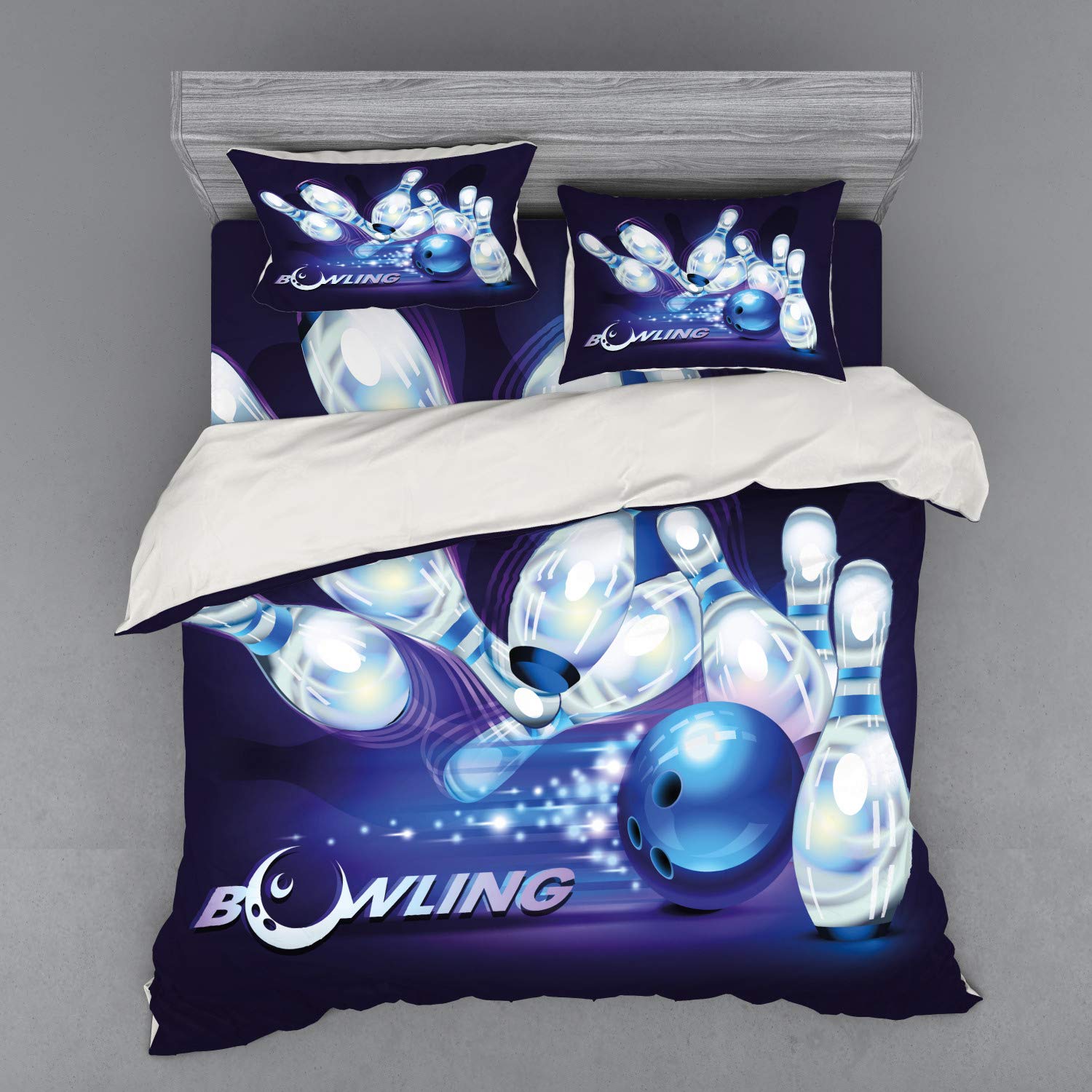 Ambesonne Bowling Party Duvet Cover Set - Fantasy Bowling Ball & Pins with Crescent Moon Design, 4-Piece King Size Bedding Set (Duvet Cover + Shams + Fitted Sheet) in Indigo White Blue - Perfect for Bowling Enthusiasts' Bedrooms & Themed Party Decor