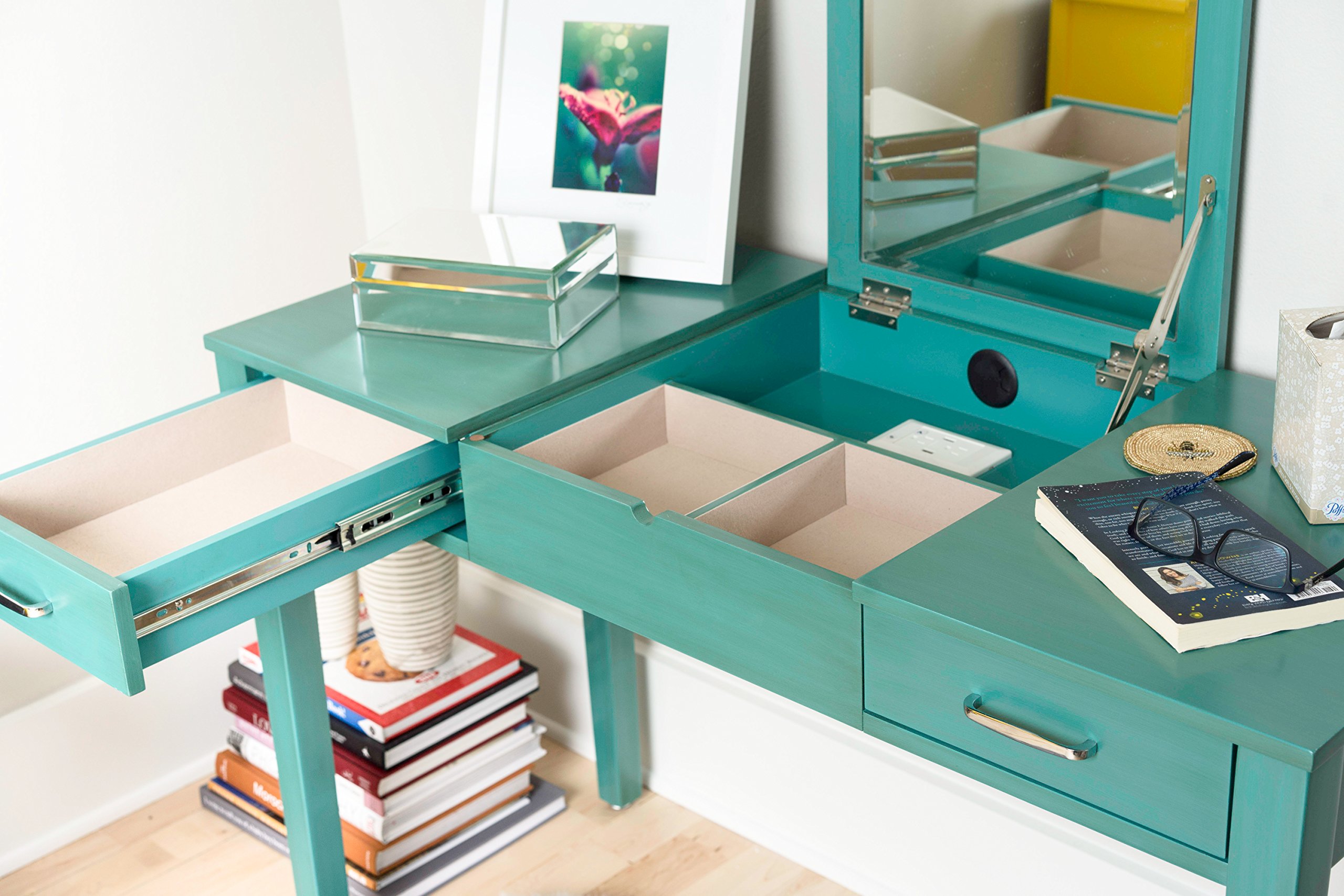Hives and Honey Ainsley Vanity Desk with Lift-Top Mirror - Modern Wood Grain Makeup Dressing Table with 2 Drawers, USB & Power Outlet, Smooth Glide & Brushed Chrome Hardware - Perfect for Bedroom, Dorm, or Apartment Beauty & Organization (Turquoise)