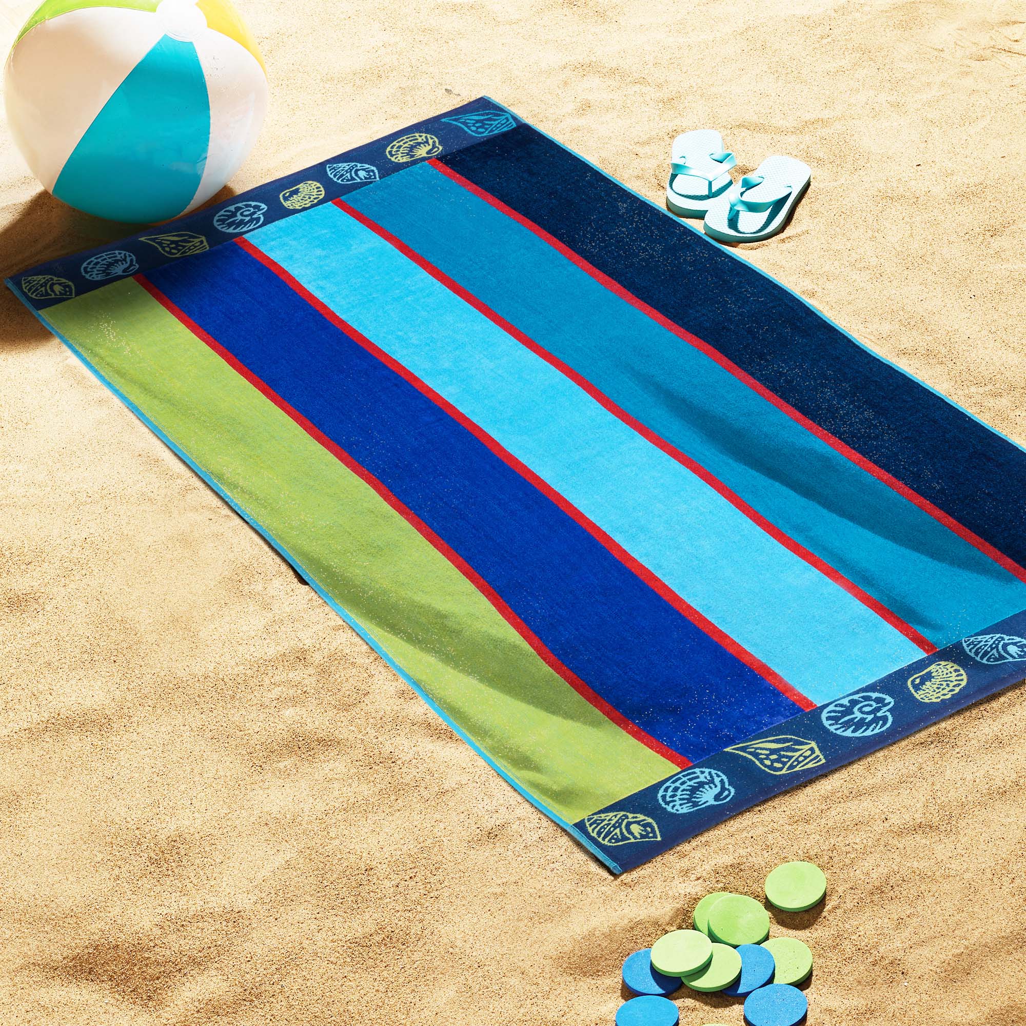 Premium Oversized 4-Piece Cotton Beach Towel Set with Sea Shell Design - Soft, Absorbent & Quick-Drying for Pool, Beach, Vacation & Outdoor Activities