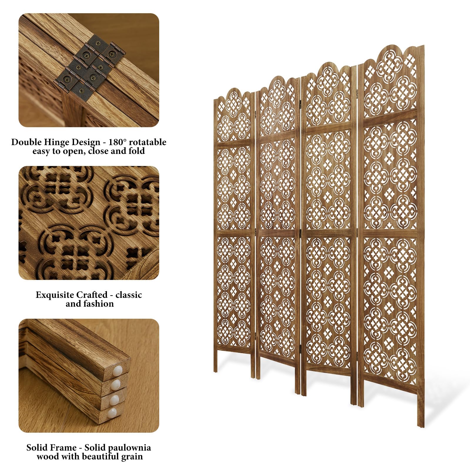 5.75Ft Wood Carved Room Divider - 4 Panel Folding Partition Screen for Home, Office, Garden & Terrace | Portable Indoor Privacy Screen in Antique Brown | Perfect for Space Separation, Decoration & Room Dividers