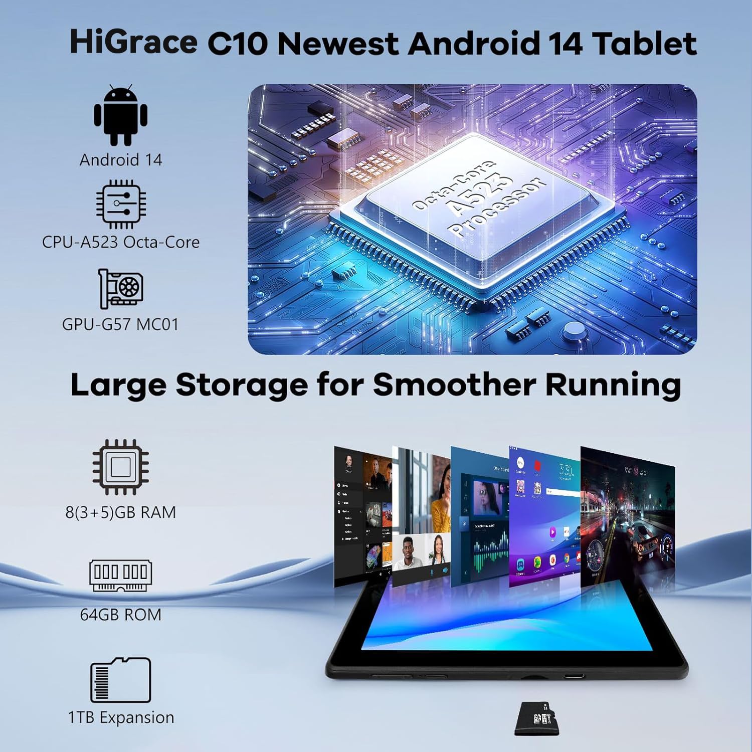 10 Inch Android 14 Tablet - Octa-Core Processor, 64GB Storage (Expandable to 1TB), Dual Camera (5MP+8MP), WiFi 6 & Bluetooth - High Performance Black Tablet for Work, Study & Entertainment