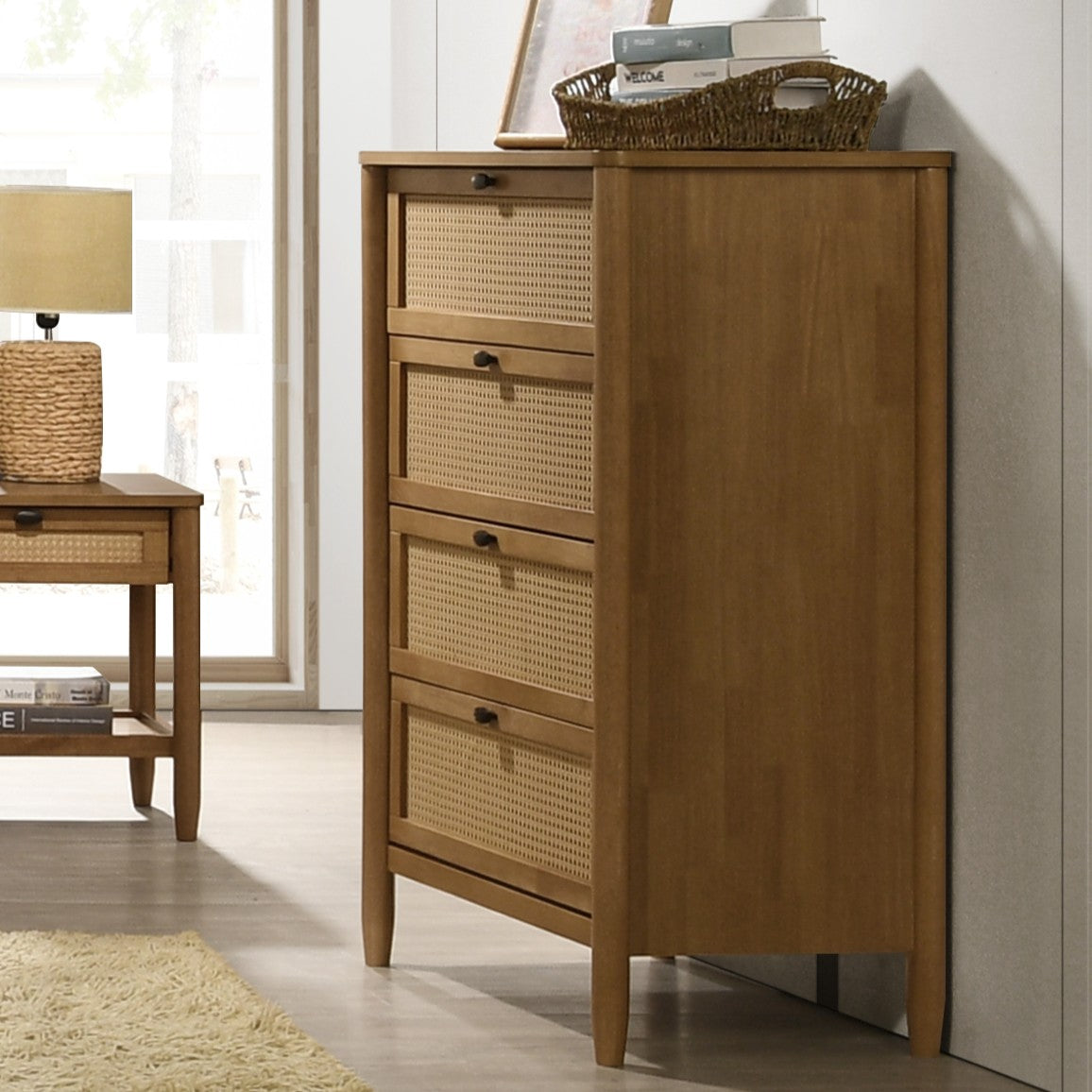 Roundhill Furniture Vichy Rattan Bedroom Set - Queen Size Light Walnut Finish Wicker Bed Frame & Nightstands - Perfect for Coastal, Boho & Farmhouse Style Bedrooms