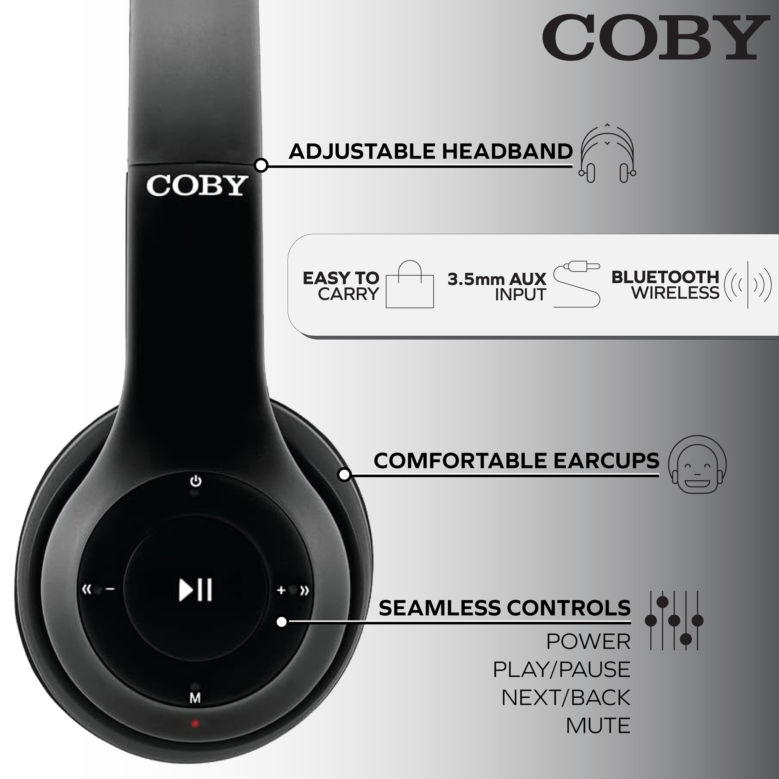 Coby Wireless Bluetooth Headphones with Built-in Mic, AUX Cable, Hands-Free Calling - Foldable Over-Ear Design, Rechargeable Battery (5 Hours Playtime) - Perfect for Workouts, Commuting & Office Use