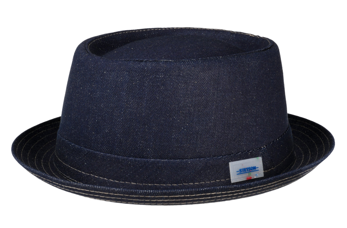 Stetson Dark Denim Cotton Pork Pie Hat for Men - Vintage Style Fedora Hat for Casual Wear, Outdoor Events & Fashion Accessories