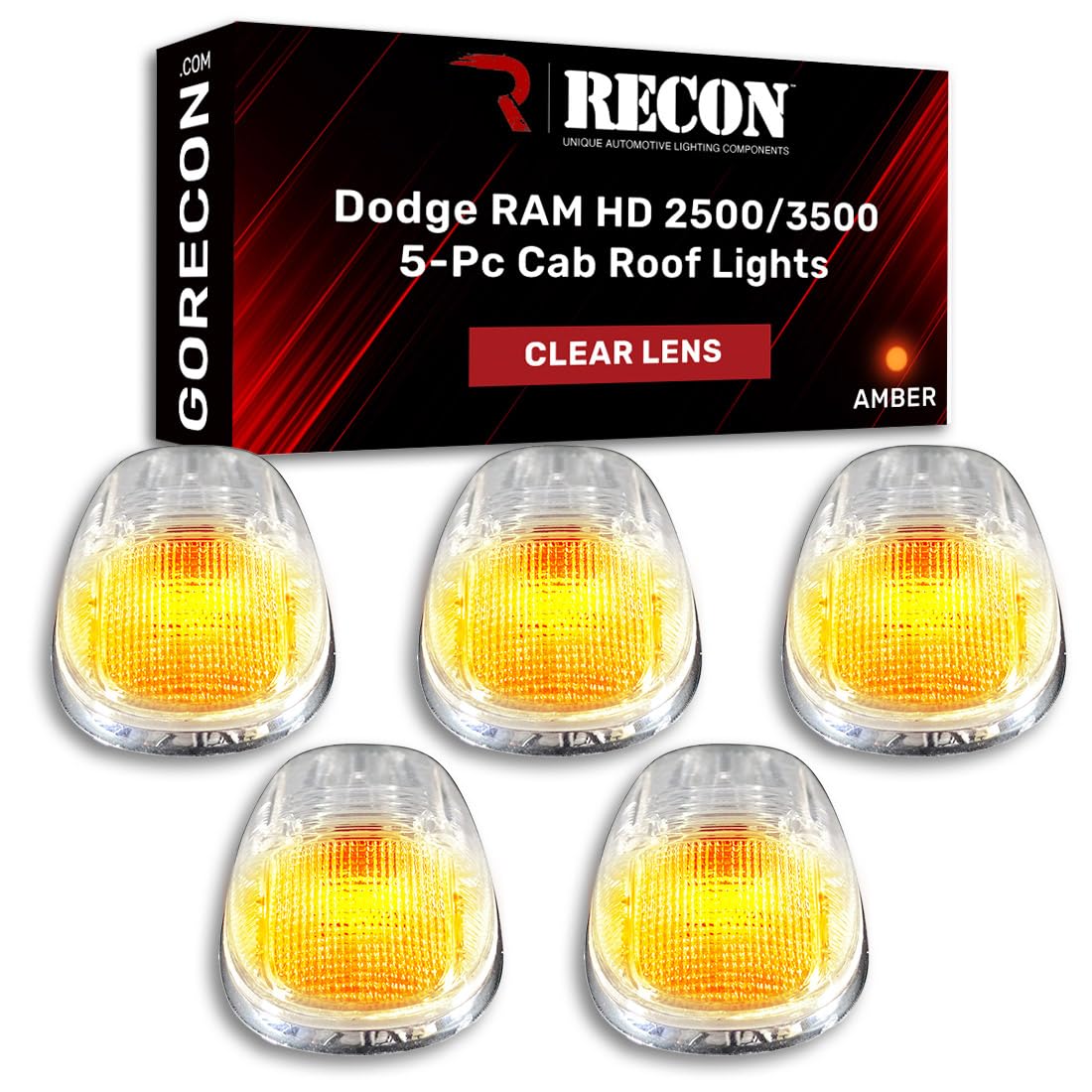 RECON 1999-2002 Dodge RAM HD 2500/3500 LED Cab Roof Lights - Ultra Bright Amber with Clear Lens for Enhanced Visibility & Safety in Off-Road, Construction, and Emergency Vehicle Use