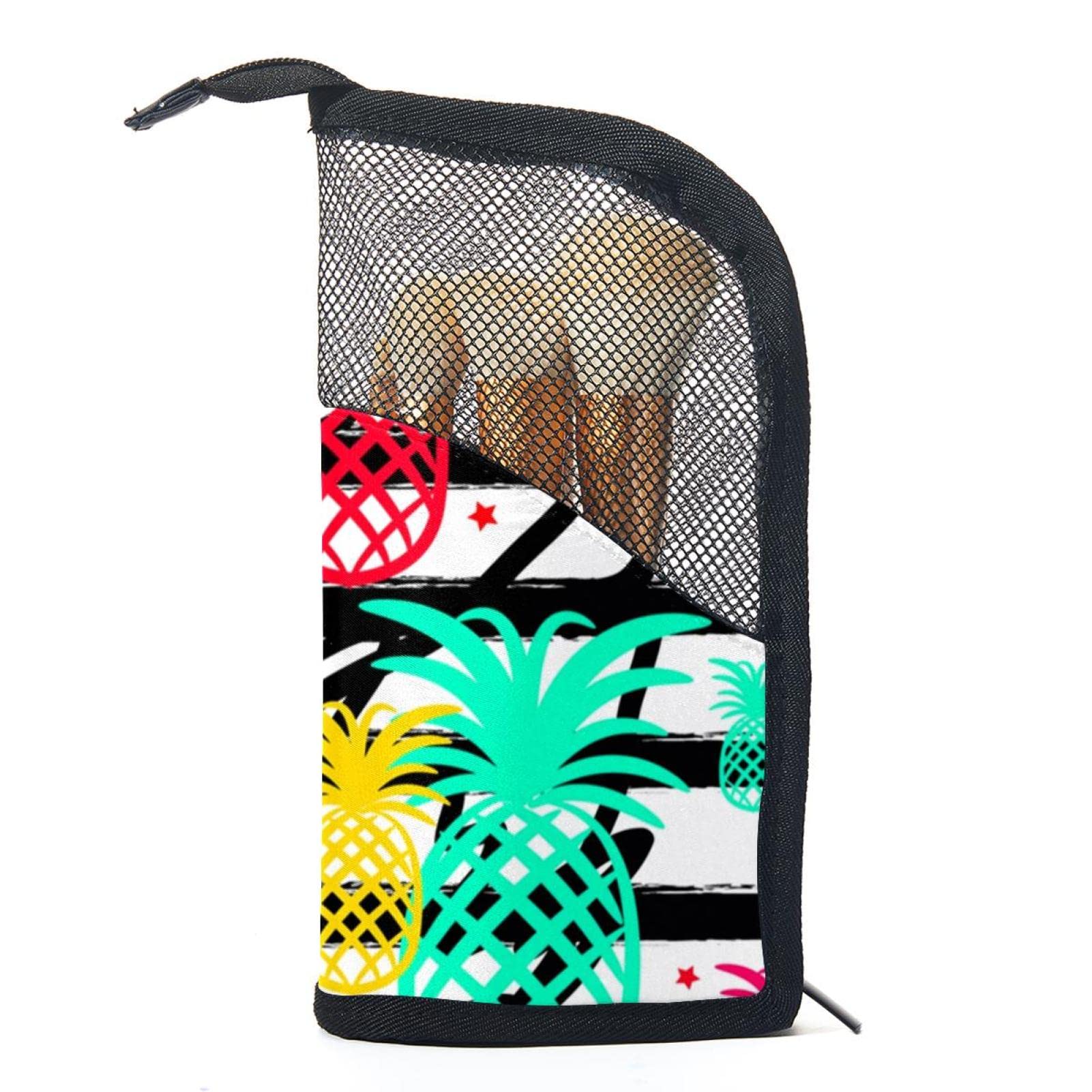 Portable Makeup Brush Organizer Bag with 12 Slots - Pineapple Geometric Stripes Cosmetic Brush Holder Case - Perfect for Travel, Home Vanity & Professional Makeup Artists