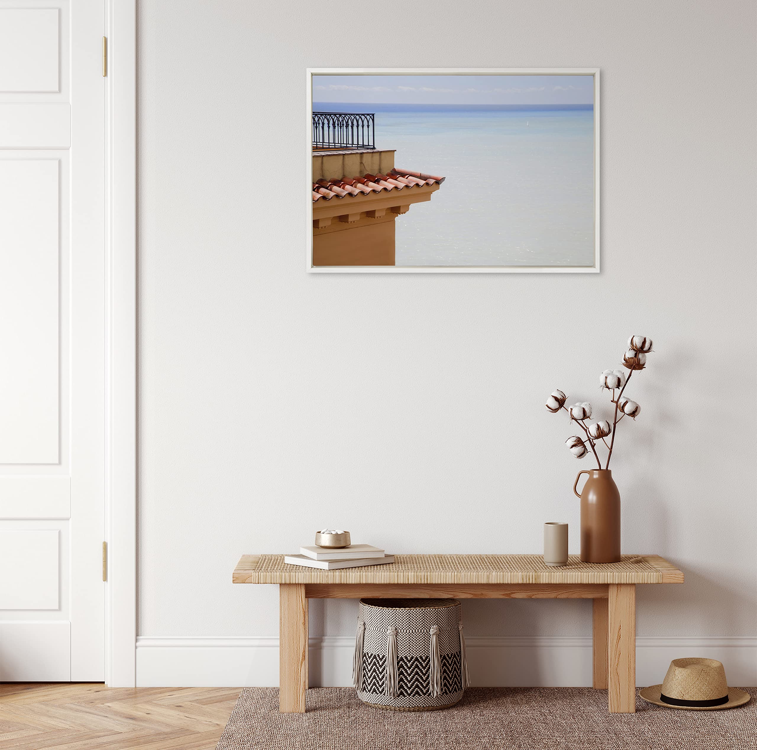 Kate & Laurel Sylvie Castle Hill Framed Canvas Wall Art - 23x33 Inches, White - French Riviera Coastal Decor for Living Room, Bedroom & Office