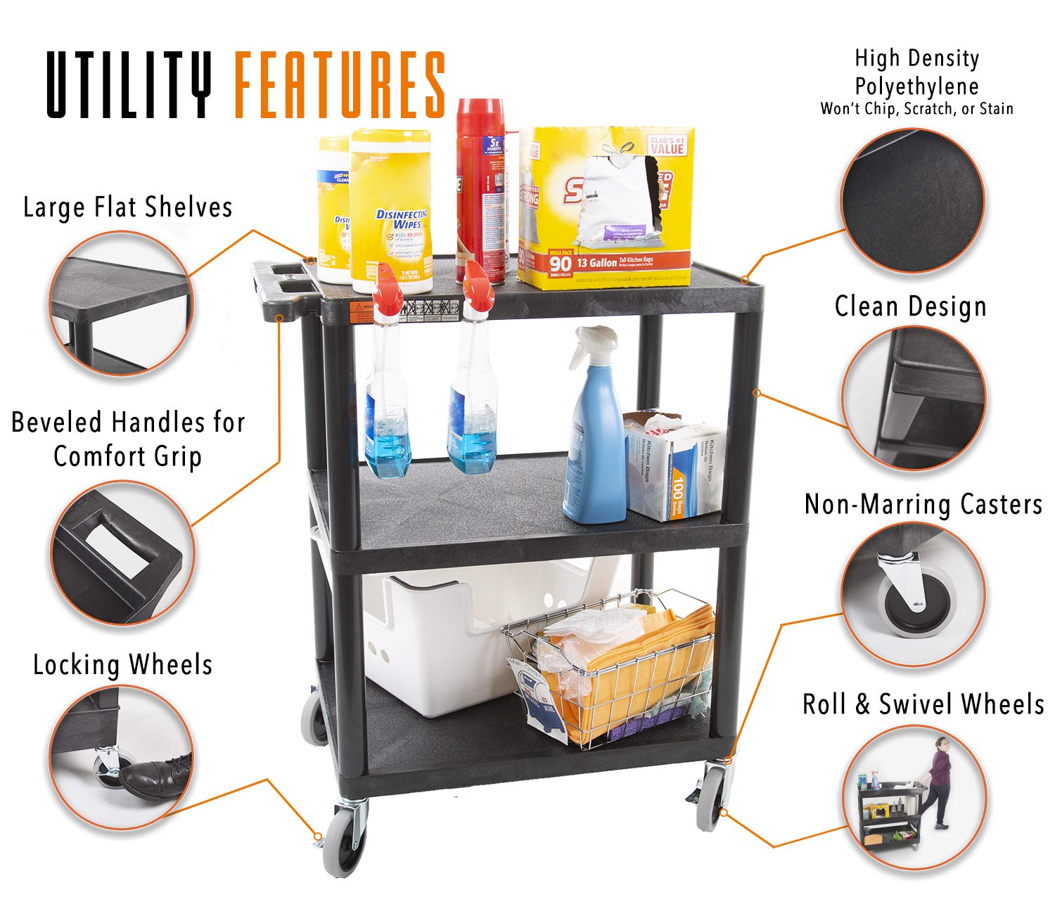 Heavy-Duty 3-Tier Flat Shelf Printer Cart with Wheels - 300 lbs Capacity Utility Storage Cart for Home Office & Warehouse (28
