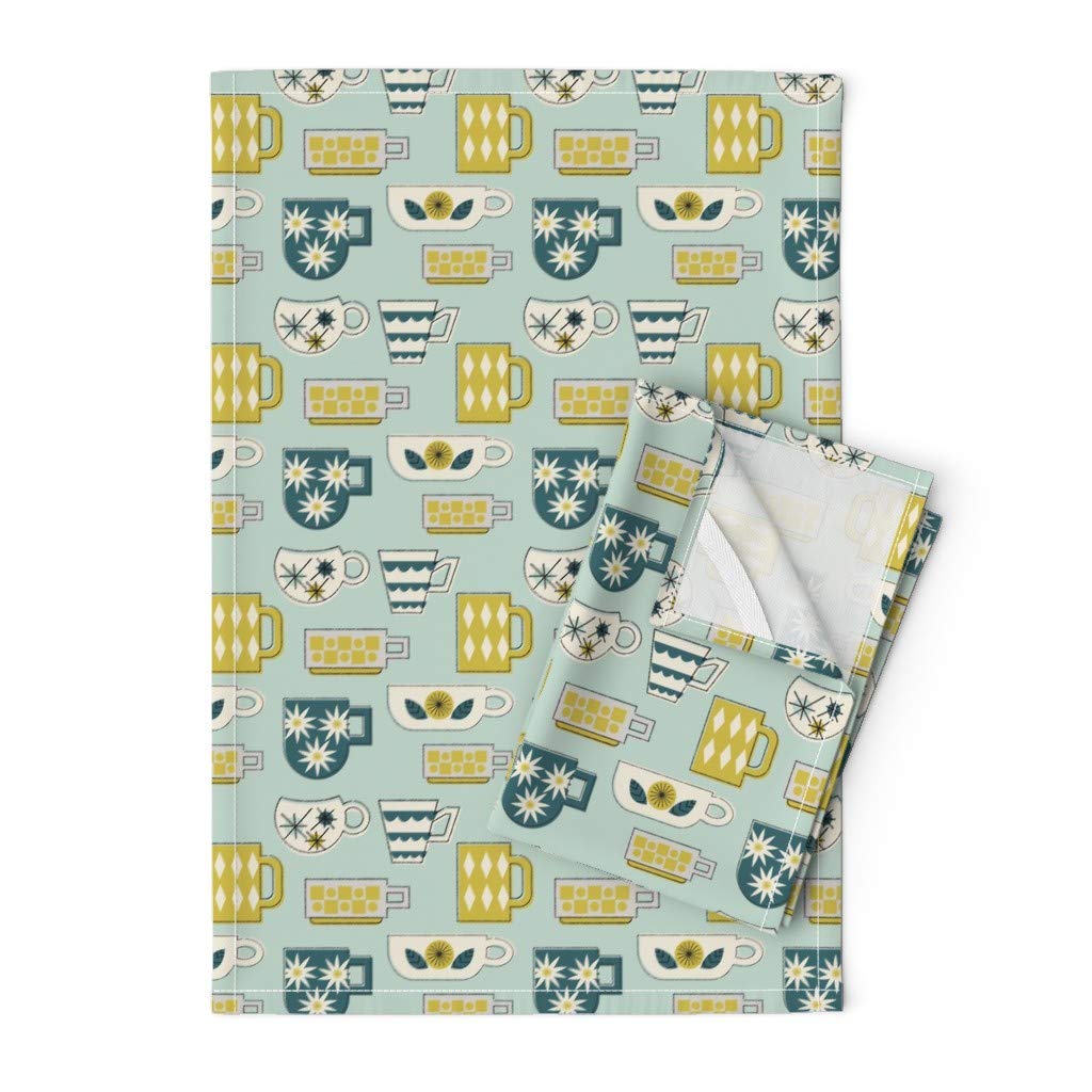 Vintage Coffee Mug Printed Tea Towel - Linen Cotton Canvas Kitchen Towel for Dishes, Retro Mid Century Style Modern Decor | Perfect for Kitchen, Dining & Gift Giving