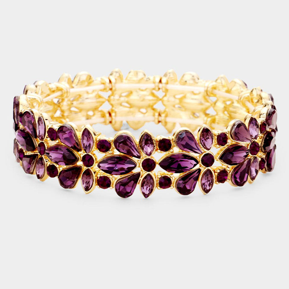 Amethyst Crystal Flower Stretch Pageant Bracelet for Women | Elegant Prom Jewelry | Perfect for Formal Dances, Weddings & Special Occasions | 426790