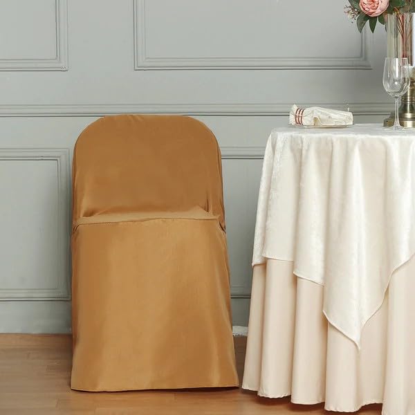 50 Pack Gold Polyester Folding Chair Covers - Elegant Wedding Reception Chair Slipcovers for Banquet, Party & Event Decorations - Waterproof & Wrinkle-Resistant