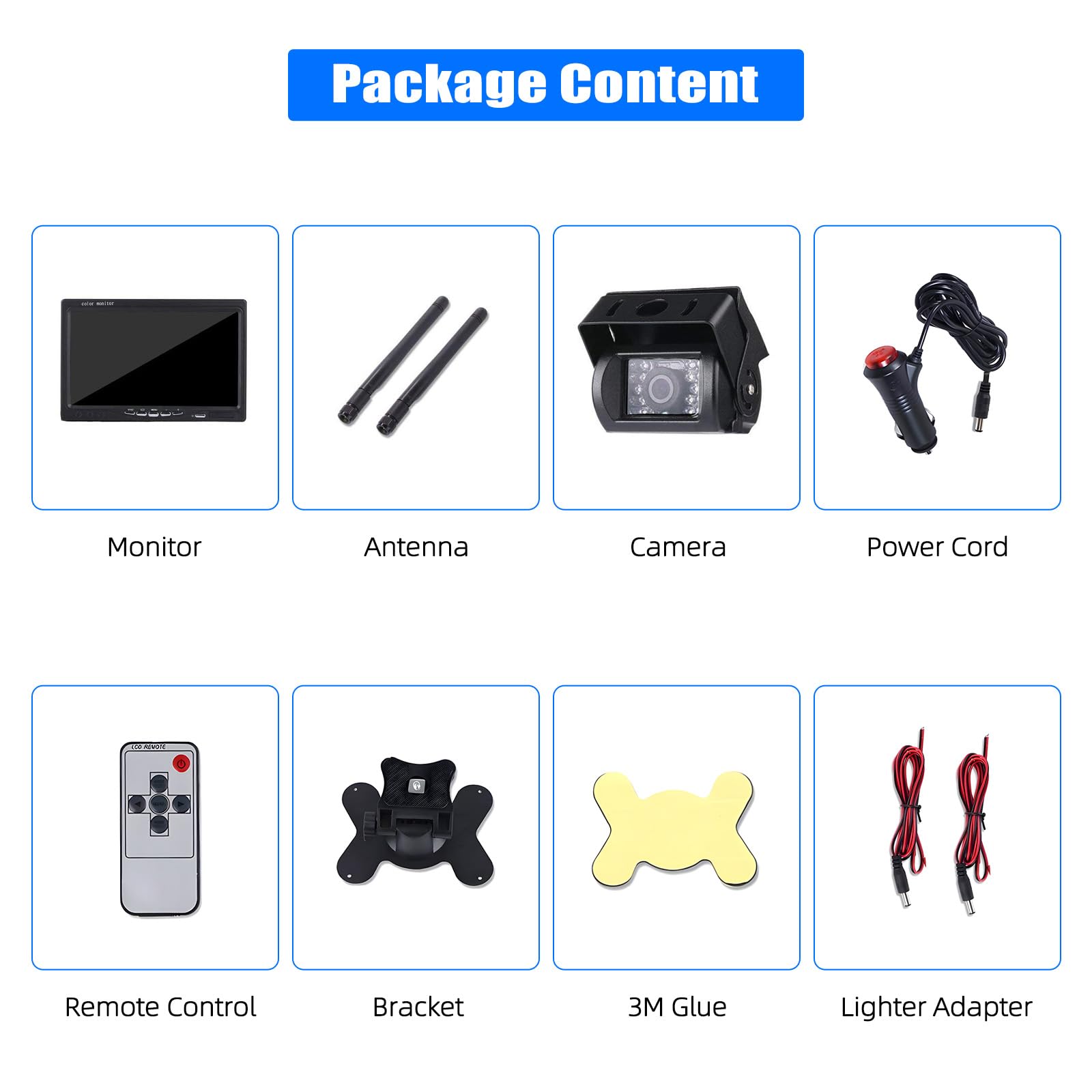 Liehuzhekeji Wireless Car Backup Camera and Monitor Kit - 7 Inch HD LCD Display, Waterproof Night Vision Rear View Camera, Parking System with Car Charger for 12V-24V Vehicles (Truck, RV, Trailer, Camper, Bus) - Perfect for Safe Reversing and Parking in Low Light Conditions