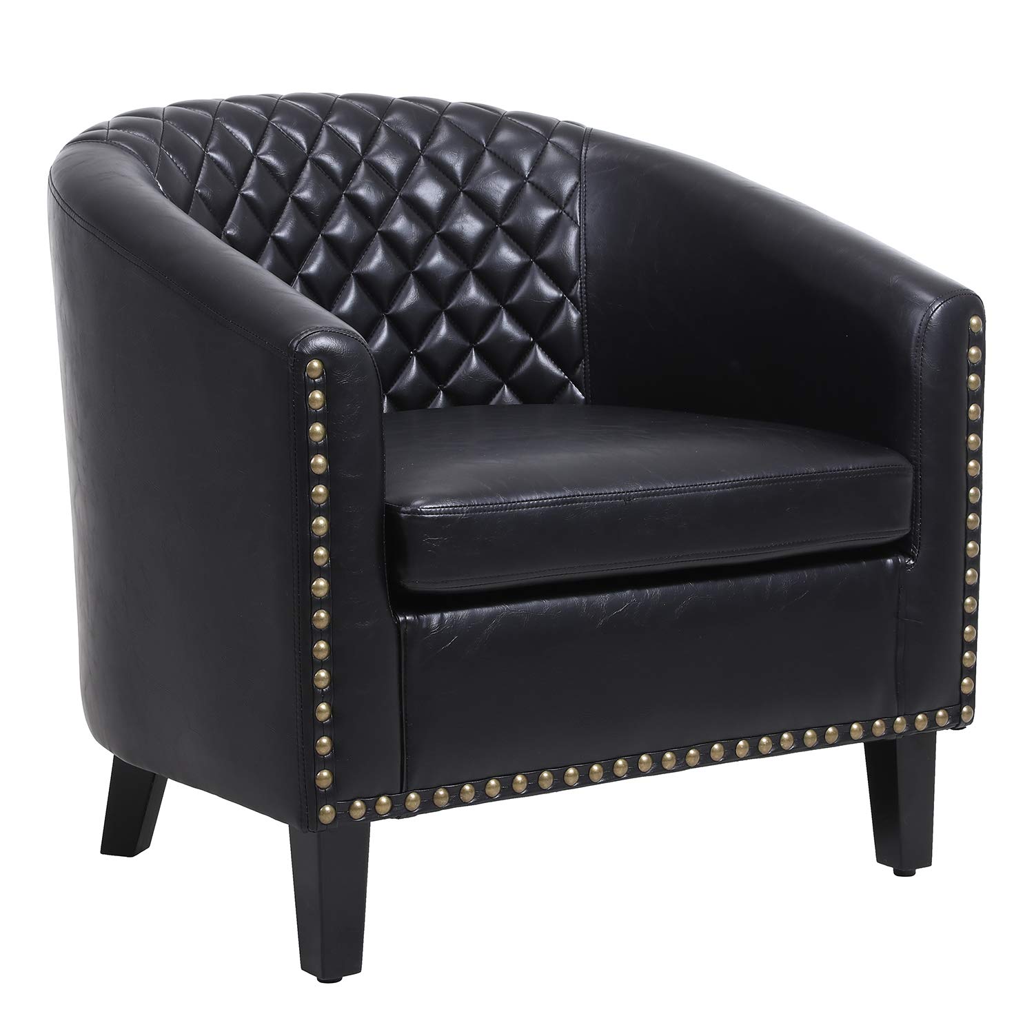 Black Leather Accent Barrel Chair with Nailhead Trim & Solid Wood Legs - Stylish Living Room Seating for Home Office, Lounge or Reading Nook