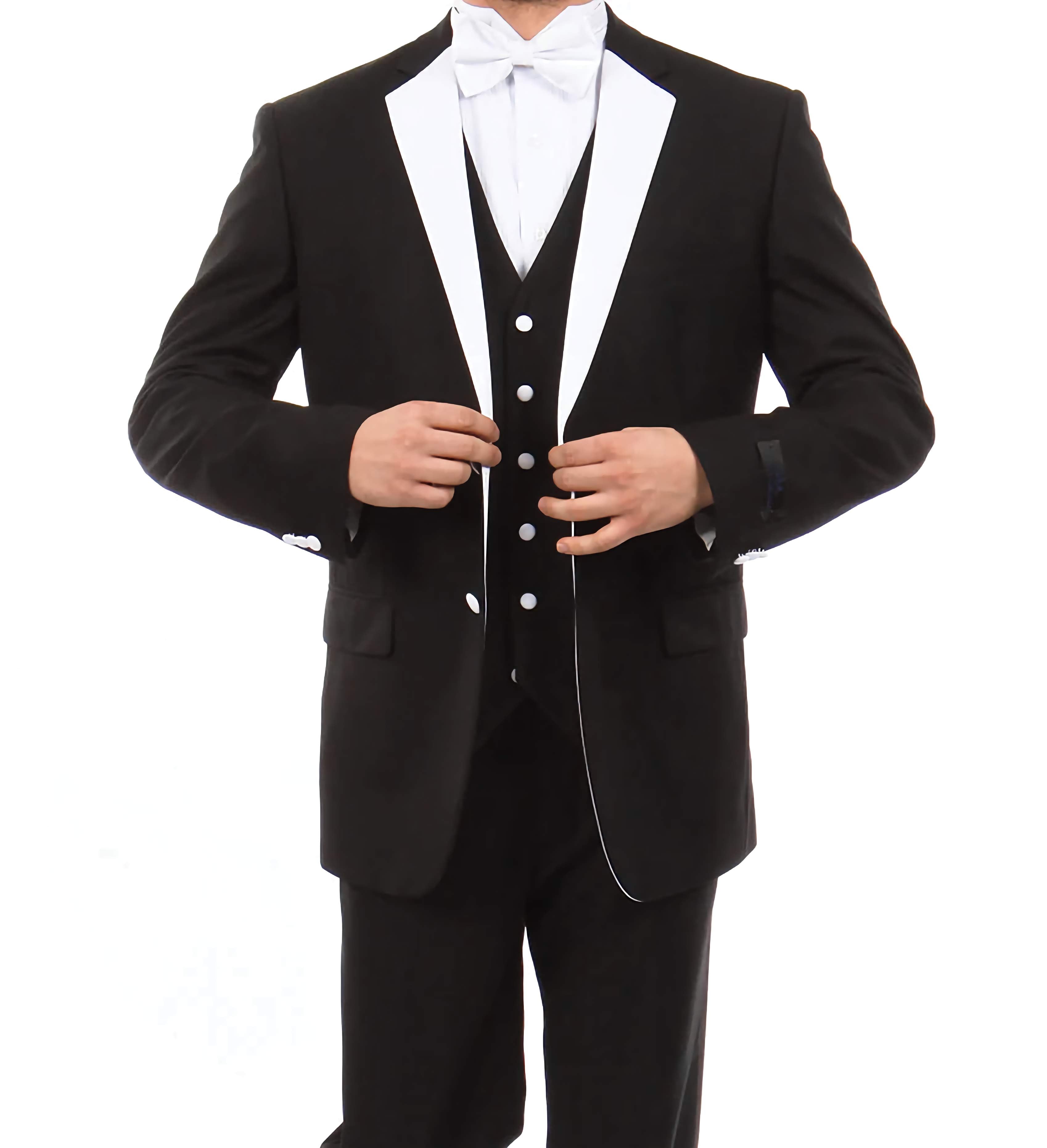 Black Modern Fit 3-Piece Tuxedo Suit with White Lapel & 6-Button Vest | Formal Wedding, Prom, Gala & Evening Wear for Men