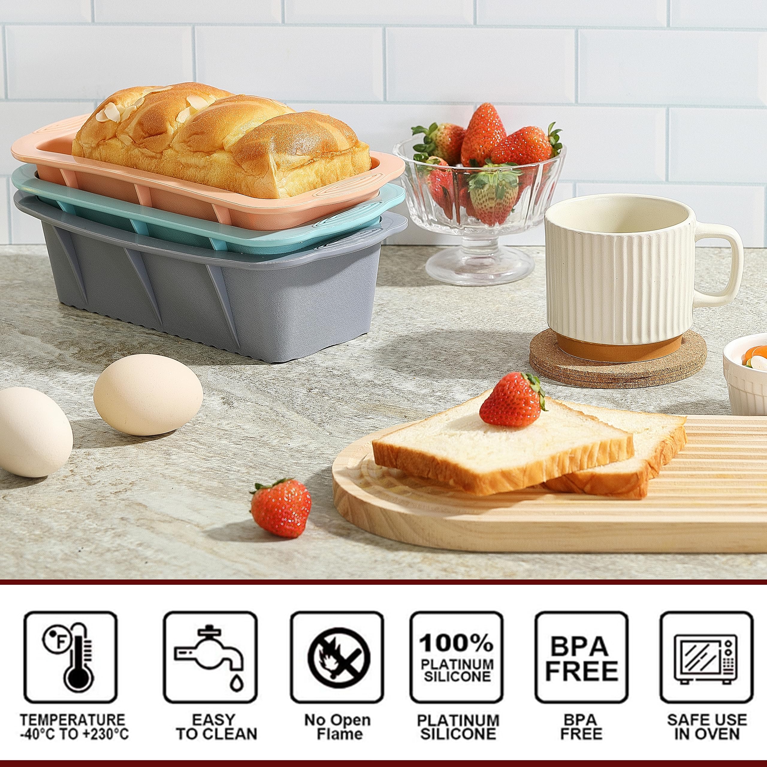 3PCS Silicone Bread Loaf Pan Set - Non-Stick Baking Pans for Homemade Bread, Cakes & Brownies - Easy Release & Dishwasher Safe - Nesting Design (3 Colors) - Perfect for Kitchen, Holiday Baking & Gift Giving