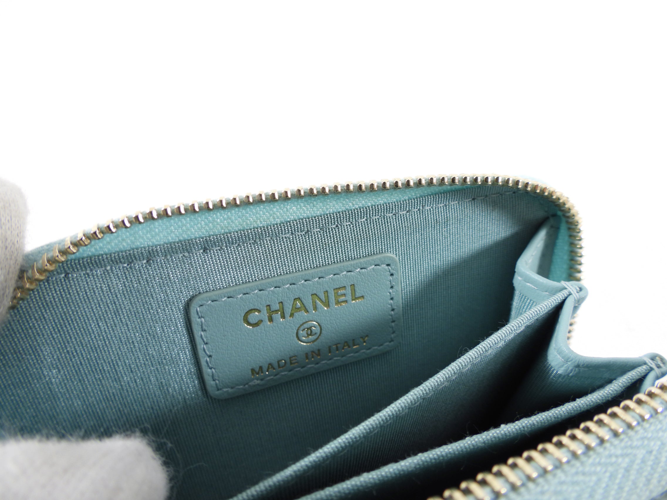 Chanel Light Blue Caviar Leather Filigree CC Zip Wallet for Women | Luxury Designer Clutch for Evening Out & Special Occasions