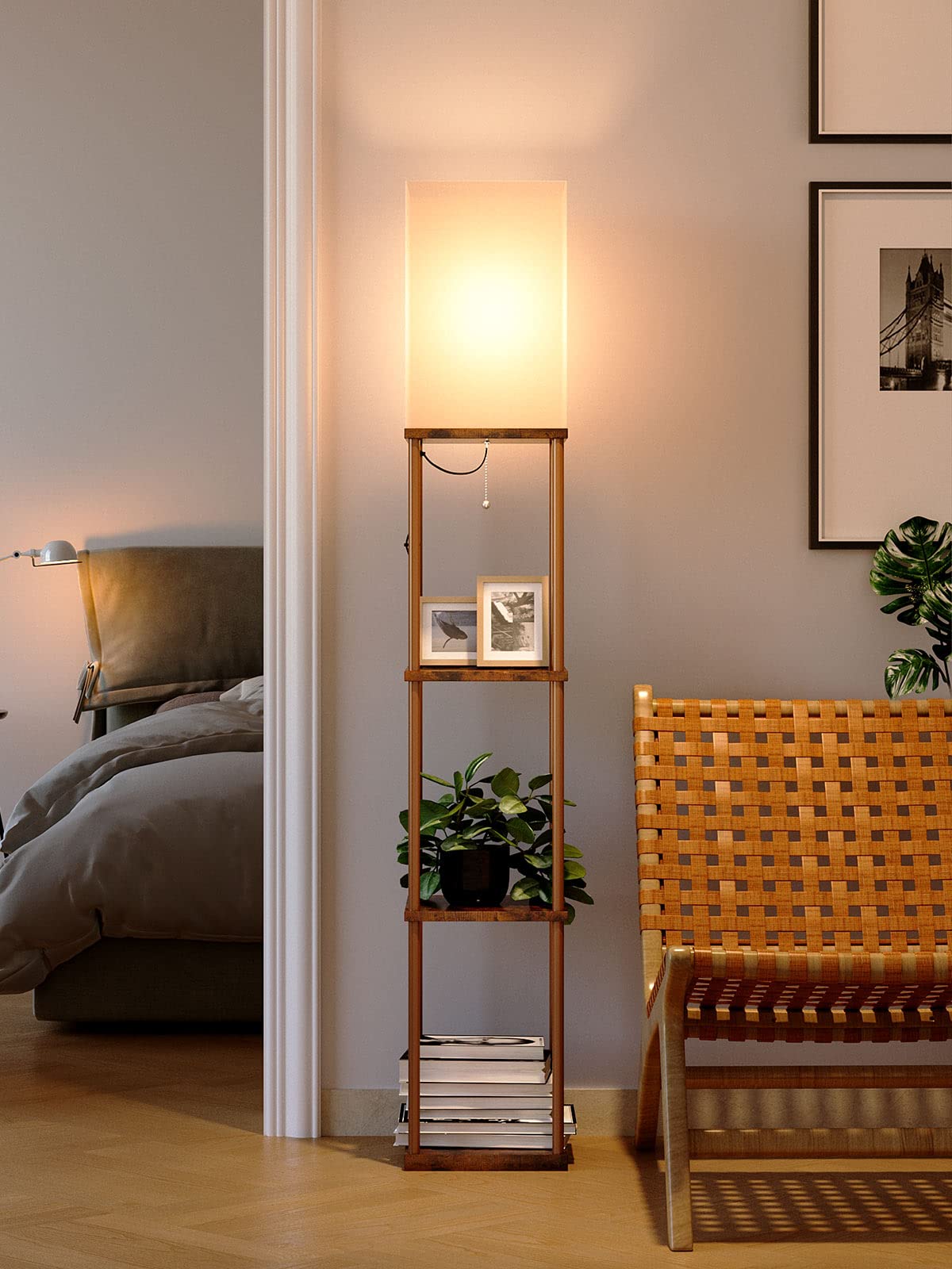 Addlon 4-Tier Modern Shelf Floor Lamp with 3CCT LED Bulb - Adjustable Brightness, Brown Wooden Display Lamp for Living Room, Bedroom, Office - Perfect for Reading, Decor & Space Saving Storage