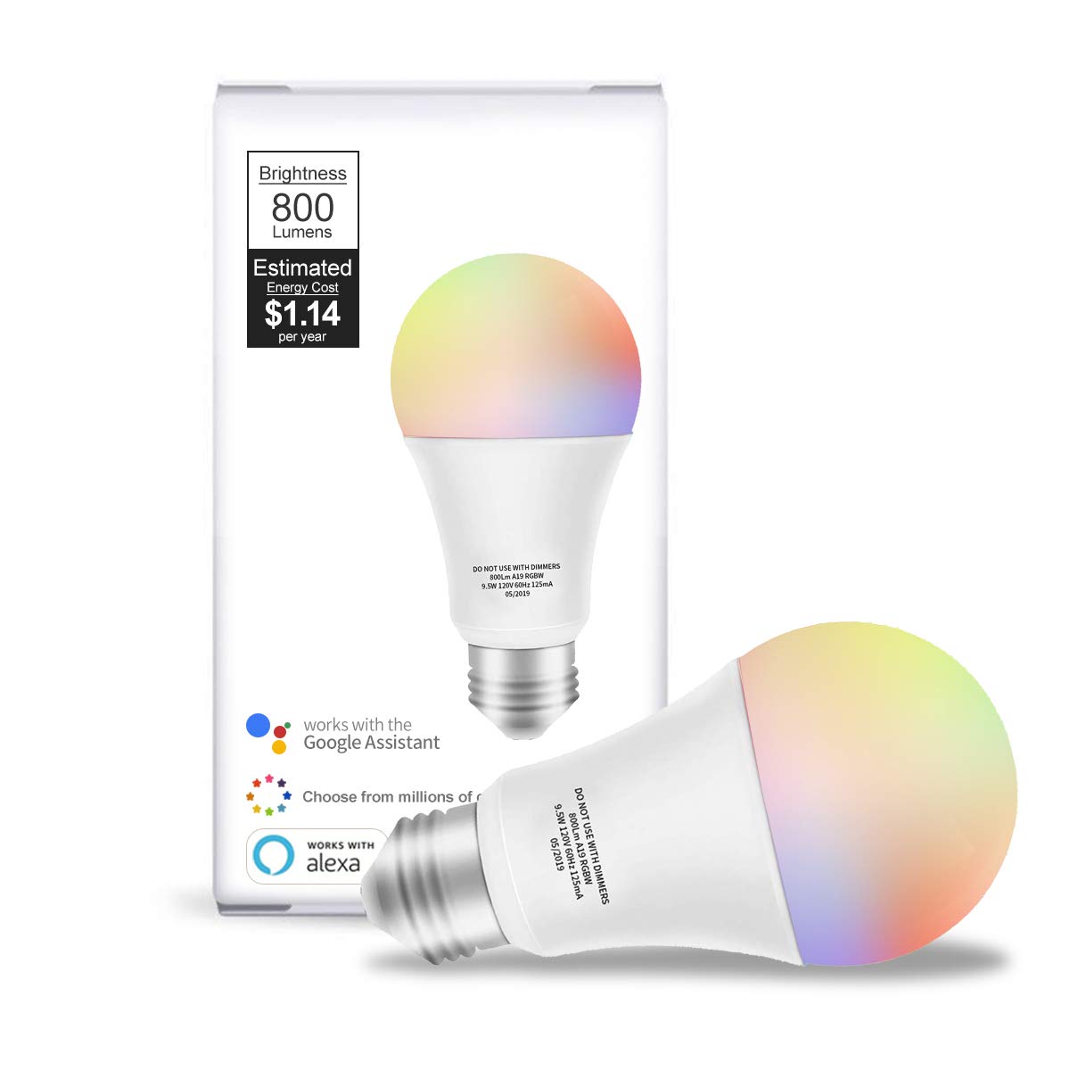 Smart LED Bulb WiFi Multicolor Light Bulb - Works with Alexa, Google Home & Echo (No Hub Required) - E26 A19 60W Equivalent RGBW Color Changing Bulb - 9.5W Dimmable Warm to Cool White (2700K-5500K) - UL Certified - Perfect for Bedroom, Living Room & Smart Home Lighting (1 Pack)
