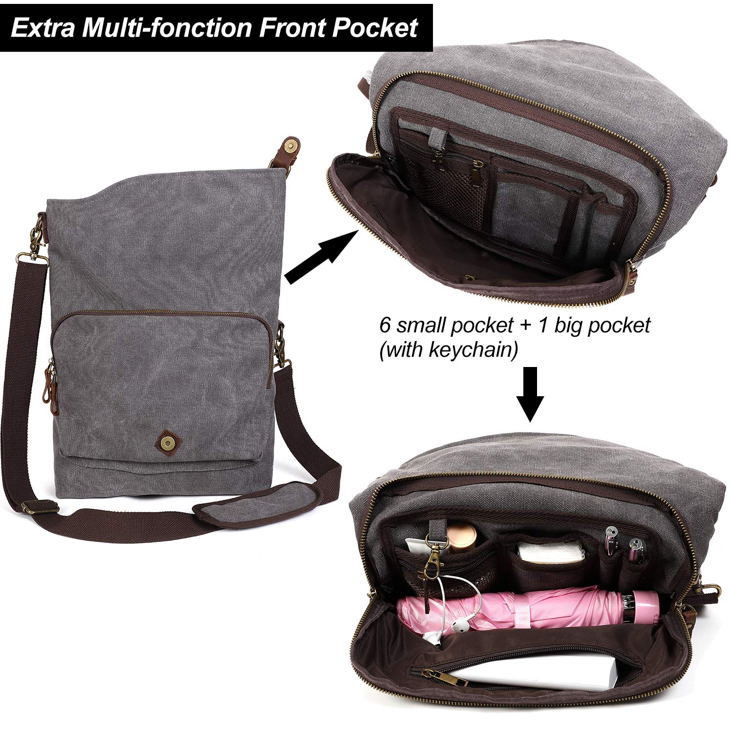 AmHoo Women's Genuine Leather Crossbody Bag - Stylish Canvas Messenger Purse & Shoulder Bag for Daily Use, Work, Travel and Shopping