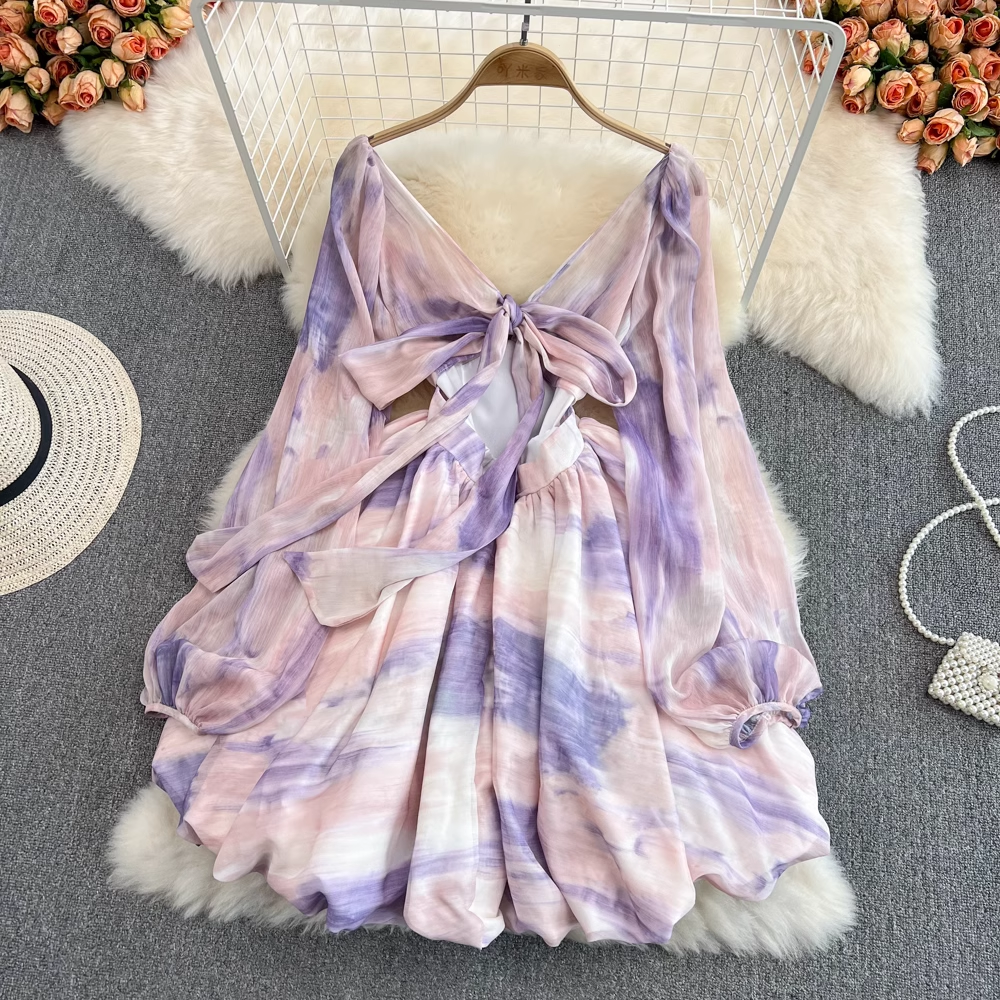 Elegant Long Sleeve Bow Tie V-Neck Chiffon Dress with Fluffy Fairy Skirt - Perfect for Weddings, Parties & Special Occasions