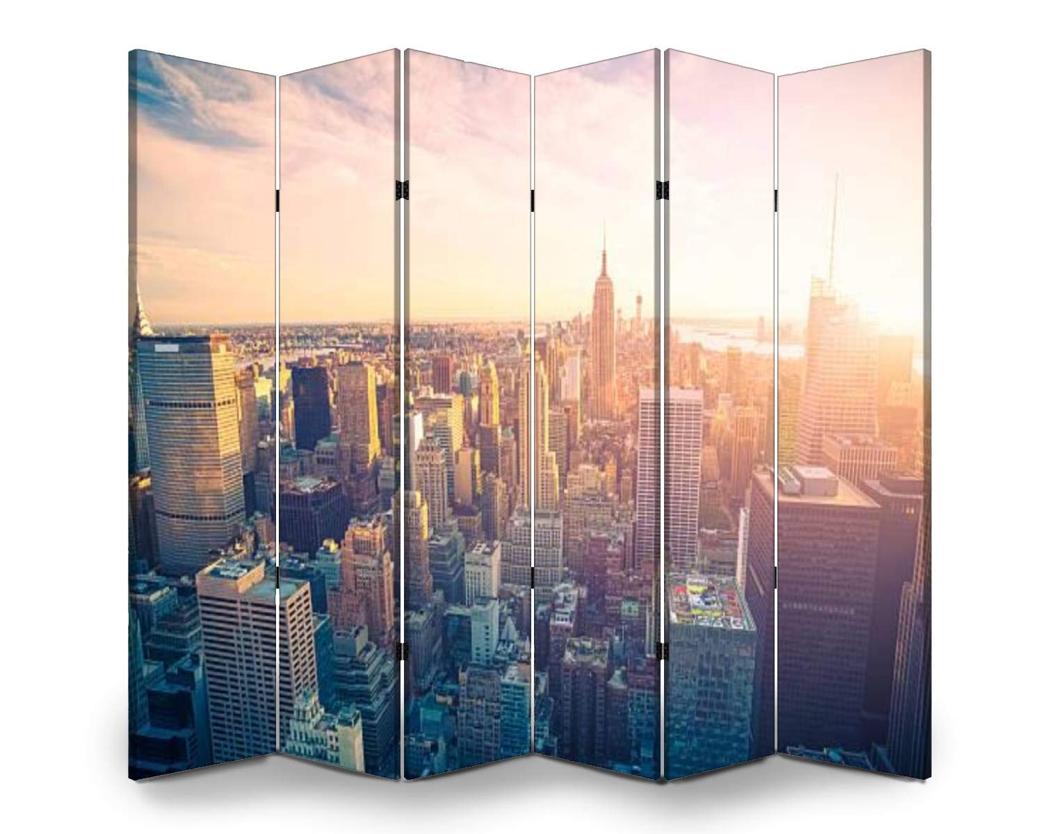 APED DECOR 6-Panel Wooden Room Divider - New York City Skyline Sunset Folding Privacy Screen, Dual-Sided Canvas Partition Wall Decor for Living Room, Bedroom & Office