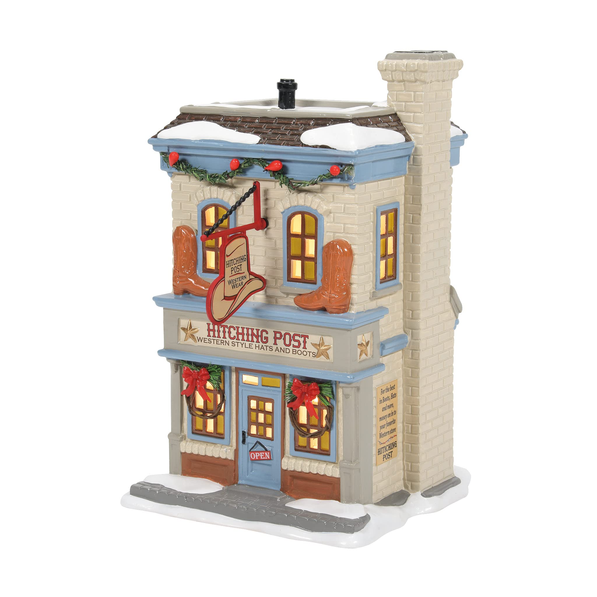 Department 56 Ceramic Snow Village Hitching Post Western Wear Lit Building - 8.27 Inch Multicolor Christmas Decoration for Holiday Village Display & Home Décor