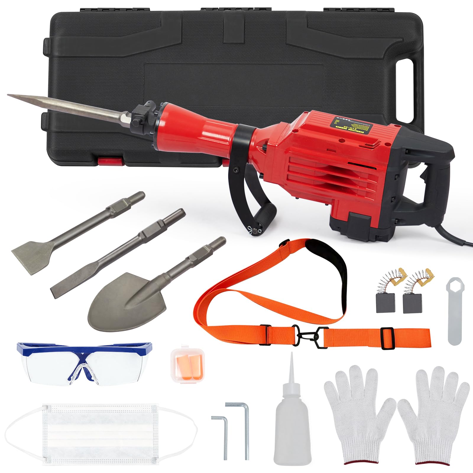 3600W Heavy Duty Electric Demolition Jack Hammer - Concrete Breaker with 4-Piece Chisel Bit Set, Carrying Case, Noise Canceling Earplugs & Shoulder Strap - Ideal for Construction, Demolition & DIY Home Renovation Projects