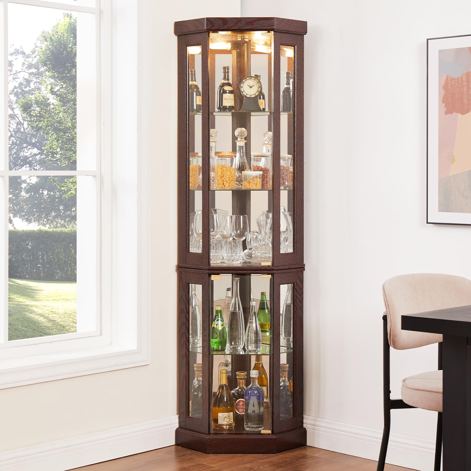 Tall Corner Display Cabinet with Glass Doors & Adjustable Shelves - Lighted Curio Cabinet for Home Office, Bar or Liquor Storage - Dark Cherry Finish for Elegant Home Decor & Collectible Display