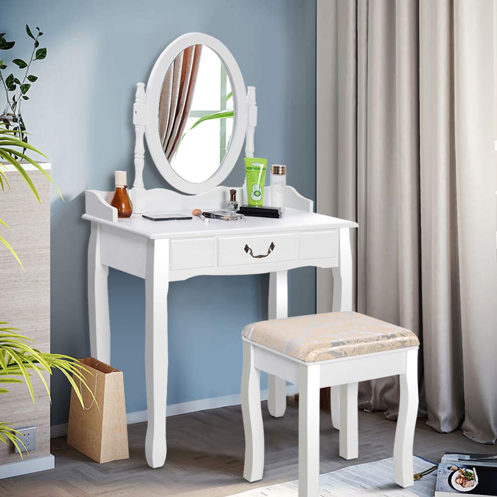 360° Rotating Vanity Set with Mirror & Cushioned Stool - White Wooden Makeup Dressing Table with Drawers for Bedroom | Perfect for Makeup, Skincare & Hair Styling